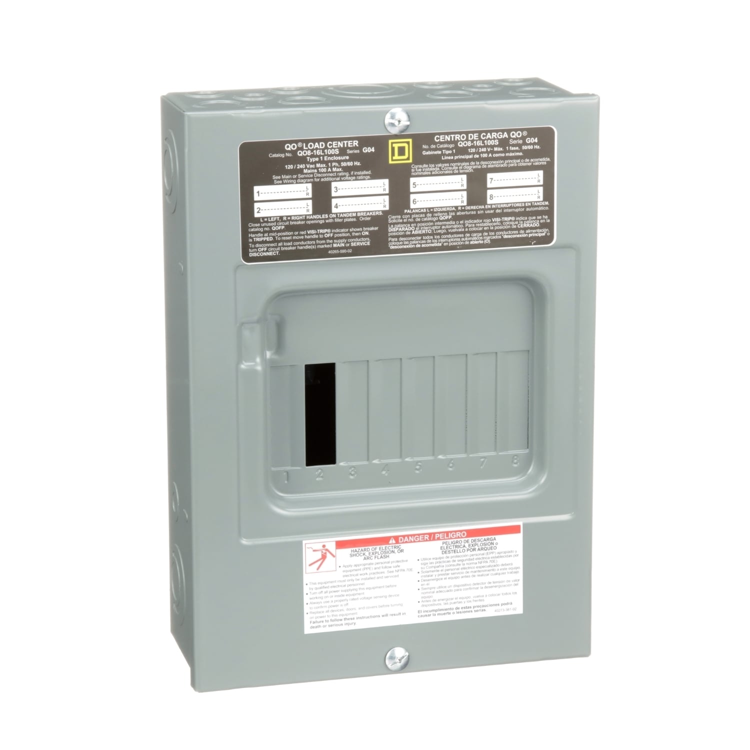 QO816L100S Fixed Main Lug Load Center, 100 Amp, 120/240V, 1 Phase, 8 Space, 16 Circuit, Surface Without Door