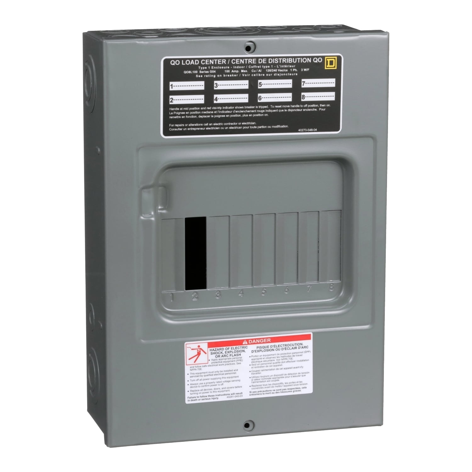 QO8L100S 1-Phase Fixed Main Lug Load Center, 120/240 V AC, 100 A, 1 Poles, 10 kA Interrupt