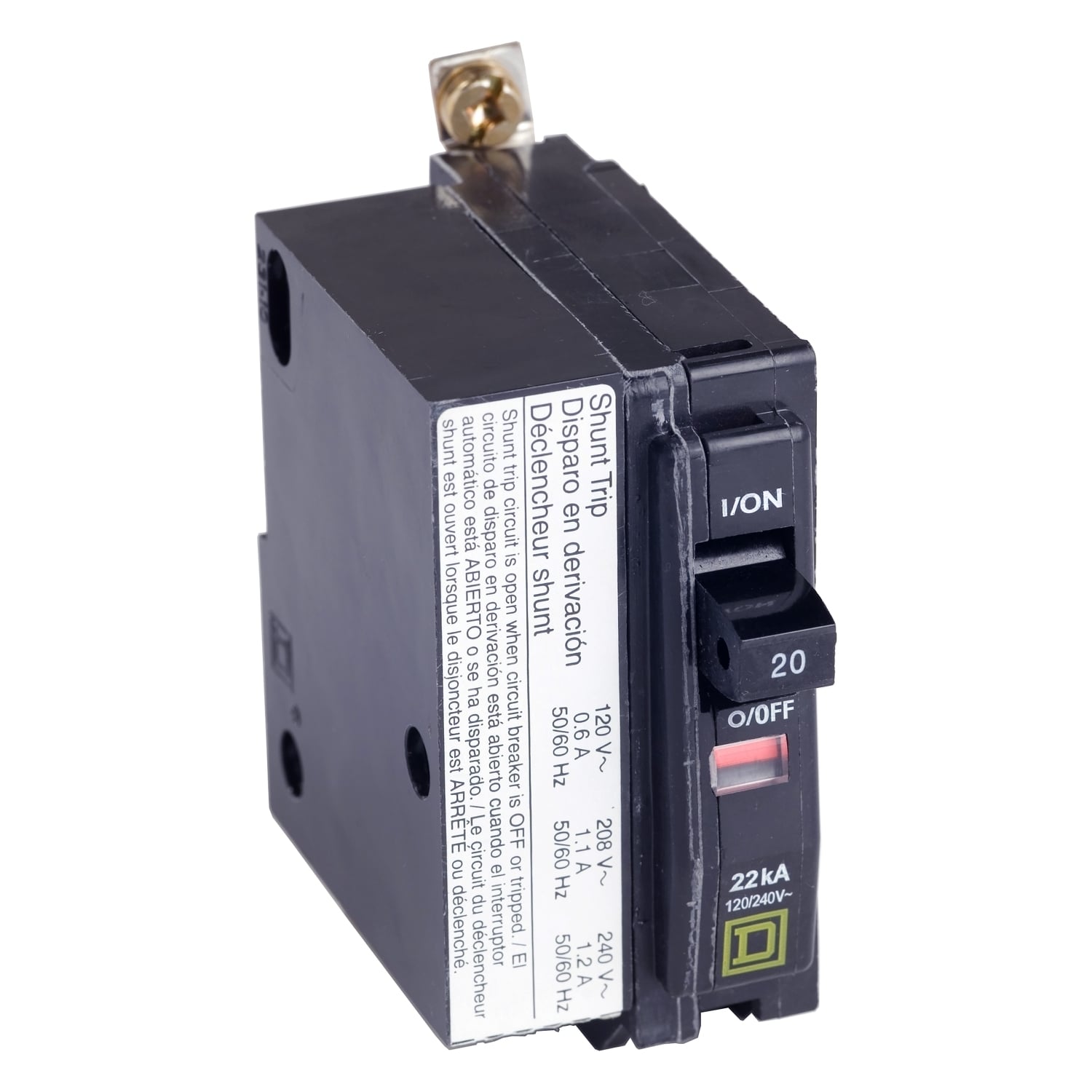 QOB1251021 Type QOB Miniature Circuit Breaker, 120/240 VAC, 48 VDC, 25 A, 10 kA at 120/240 VAC, 5 kA at 48 VDC Interrupt, 1 Poles, Thermal Magnetic Trip