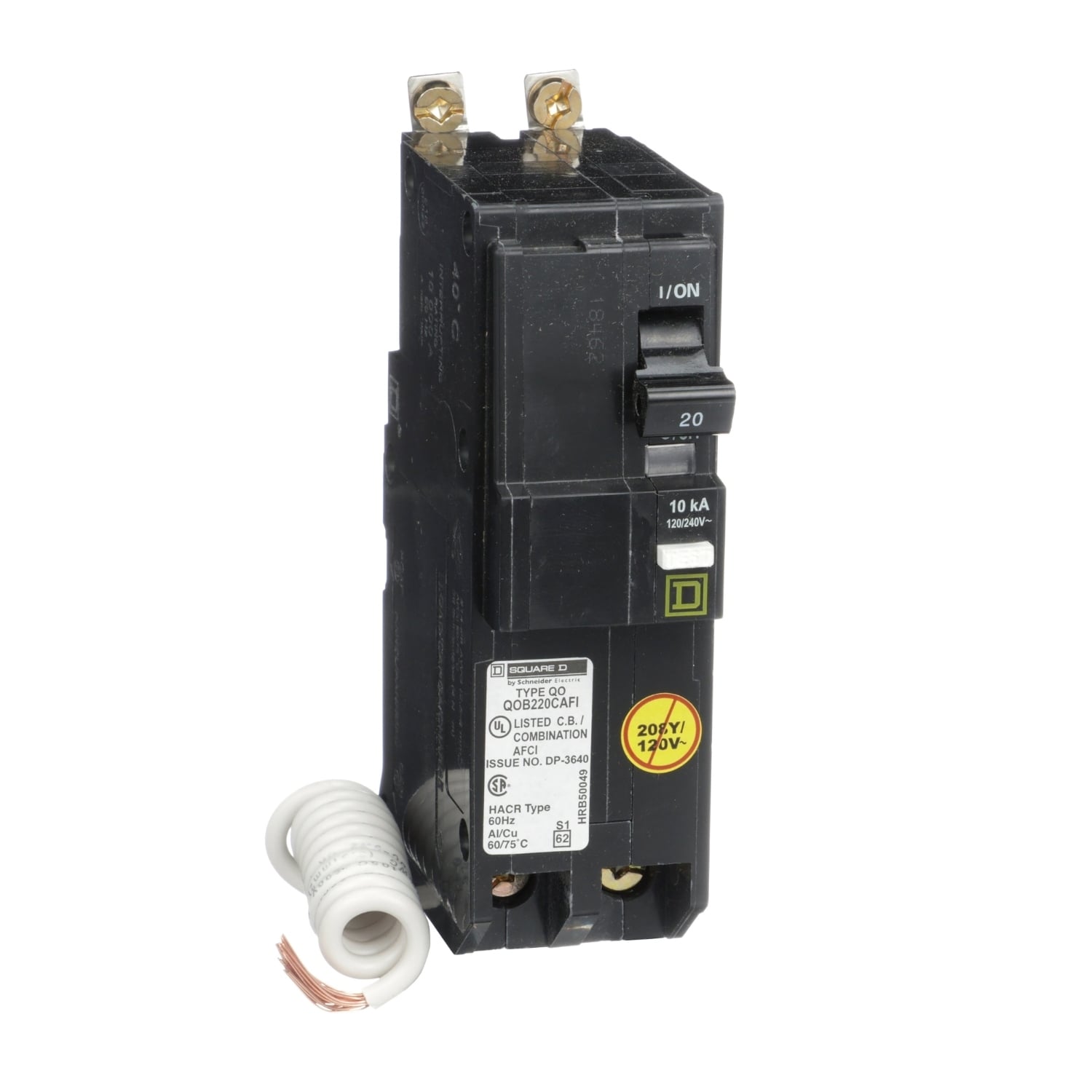 QOB220CAFI Type QOB-CAFI Miniature Circuit Breaker, 120/240 V AC, 20 A, 10 kA at 120/240 V AC Interrupt, 2 Poles, Thermal Magnetic Trip