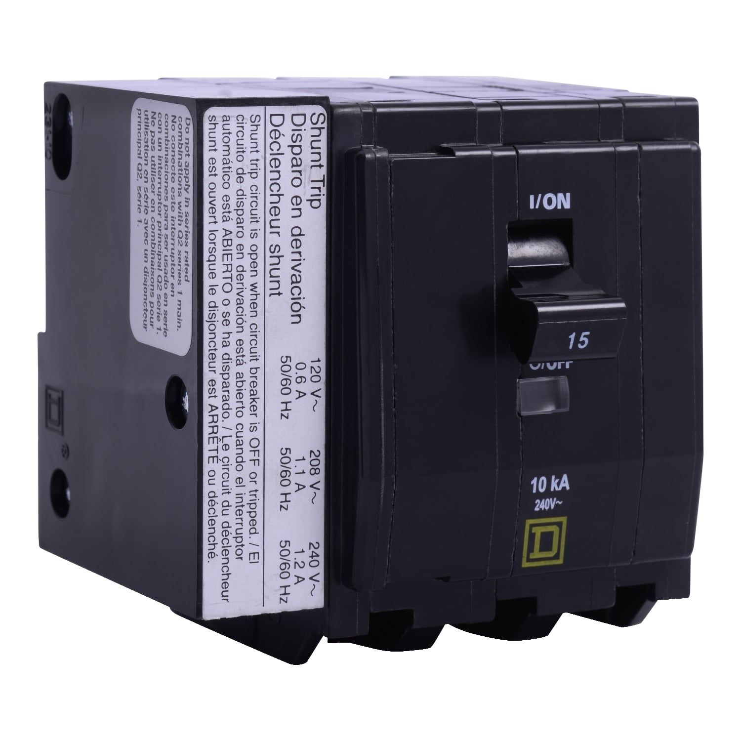 QOB3151021 Type QOB Standard Miniature Circuit Breaker, 240 V AC, 15 A, 10 kA Interrupt, 3 Poles, Thermal Magnetic Trip