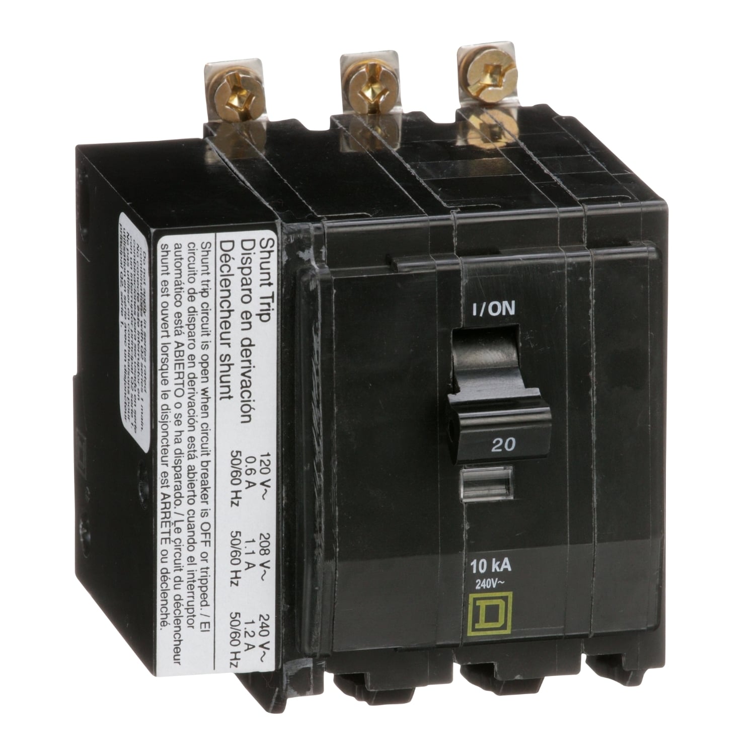 QOB3201021 Standard Miniature Circuit Breaker, 240 V AC, 20 A, 10 kA Interrupt, 3 Poles, Thermal Magnetic Trip