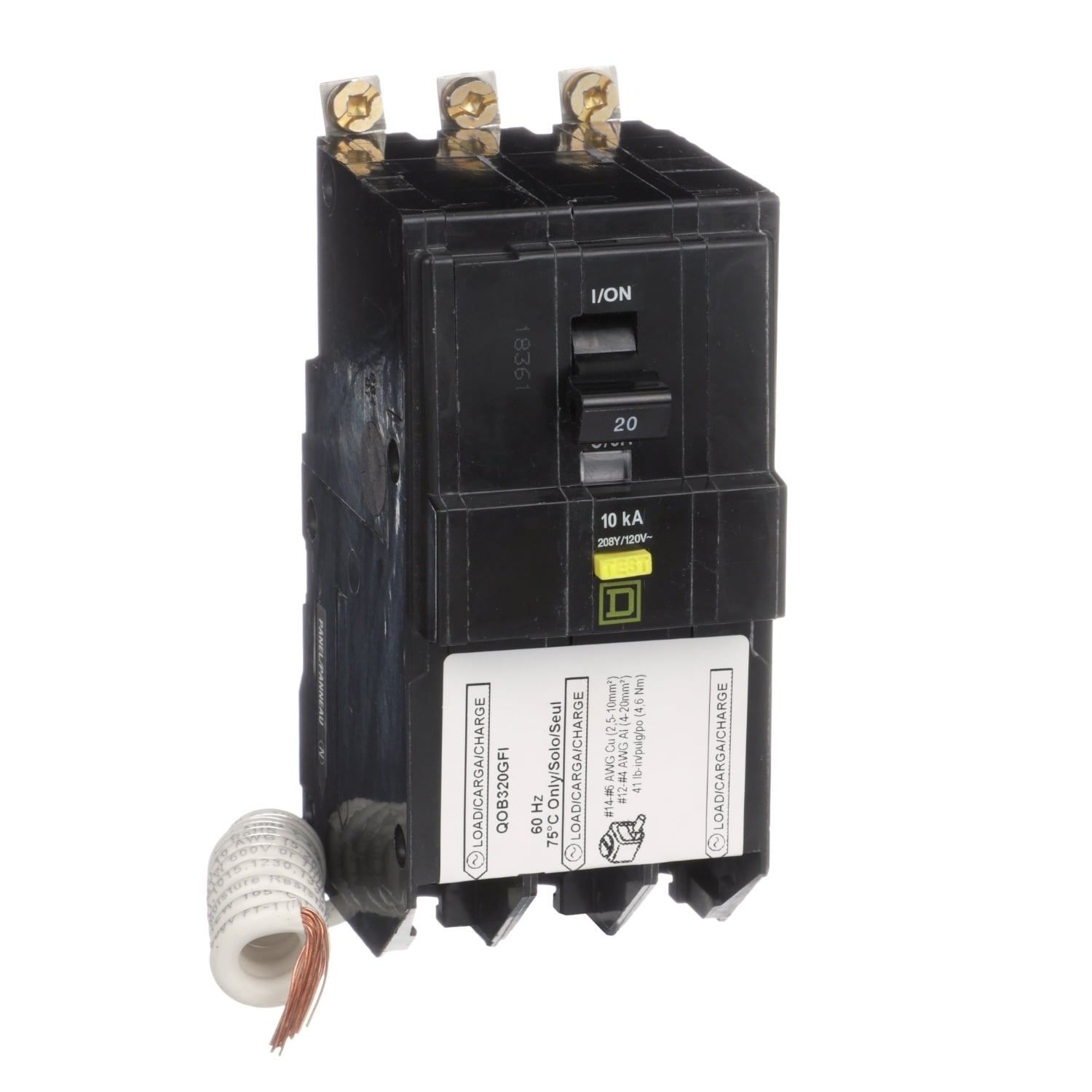 QOB320GFI Type QOB-GFI Class A Ground Fault Miniature Circuit Breaker, 208Y/120 V AC, 20 A, 10 kA at 208Y/120 VAC Interrupt, 3 Poles, Thermal Magnetic Trip