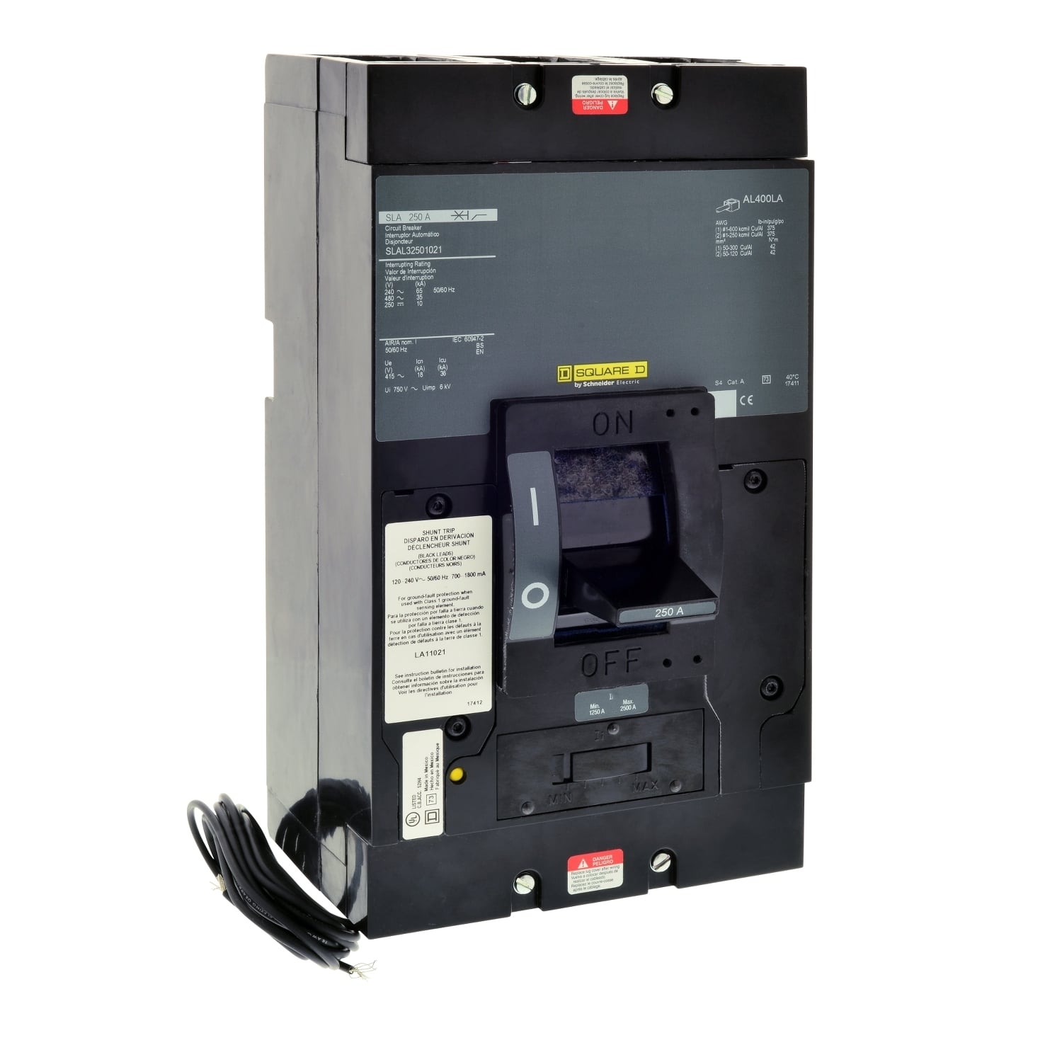 Circuit breaker, SLA, 250A, 3 pole, 480VAC, 35kA, 250VDC, unit mount, thermal magnetic, shunt trip