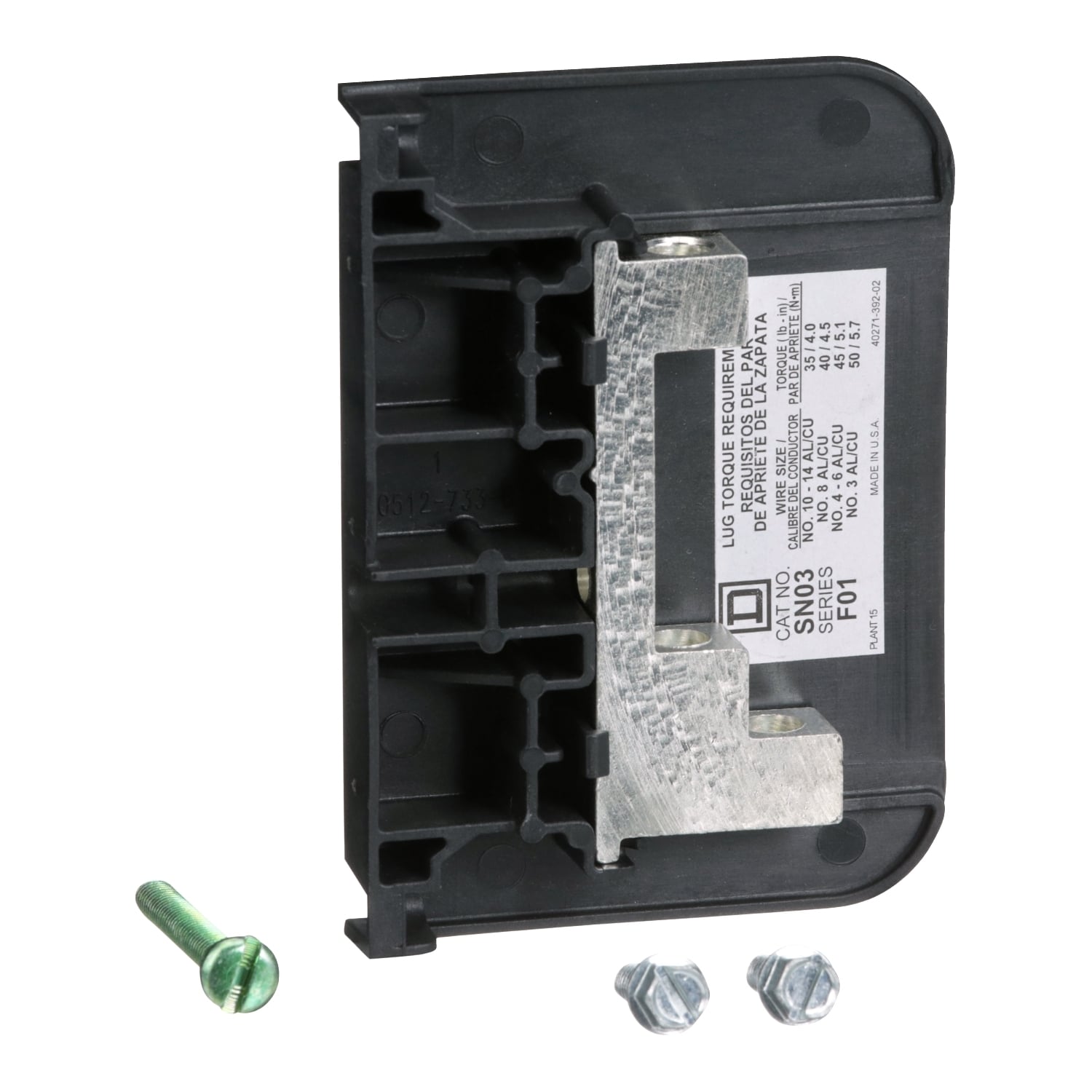 SN03 Groundable Heavy Duty Insulated Neutral Assembly, For Use With Fusible and Non-Fusible Safety Switch, 240/600 V AC, 30/60 A, 3 AWG Aluminum/Copper, Lug Connection