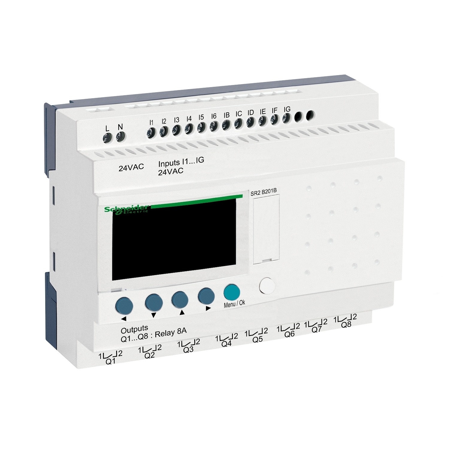 SR2B201B Zelio Compact Logic 2 Smart Relay With Display and Integrated Clock, 24 V AC Supply, 12 Inputs, 8 Outputs, Discrete Input, Relay Output