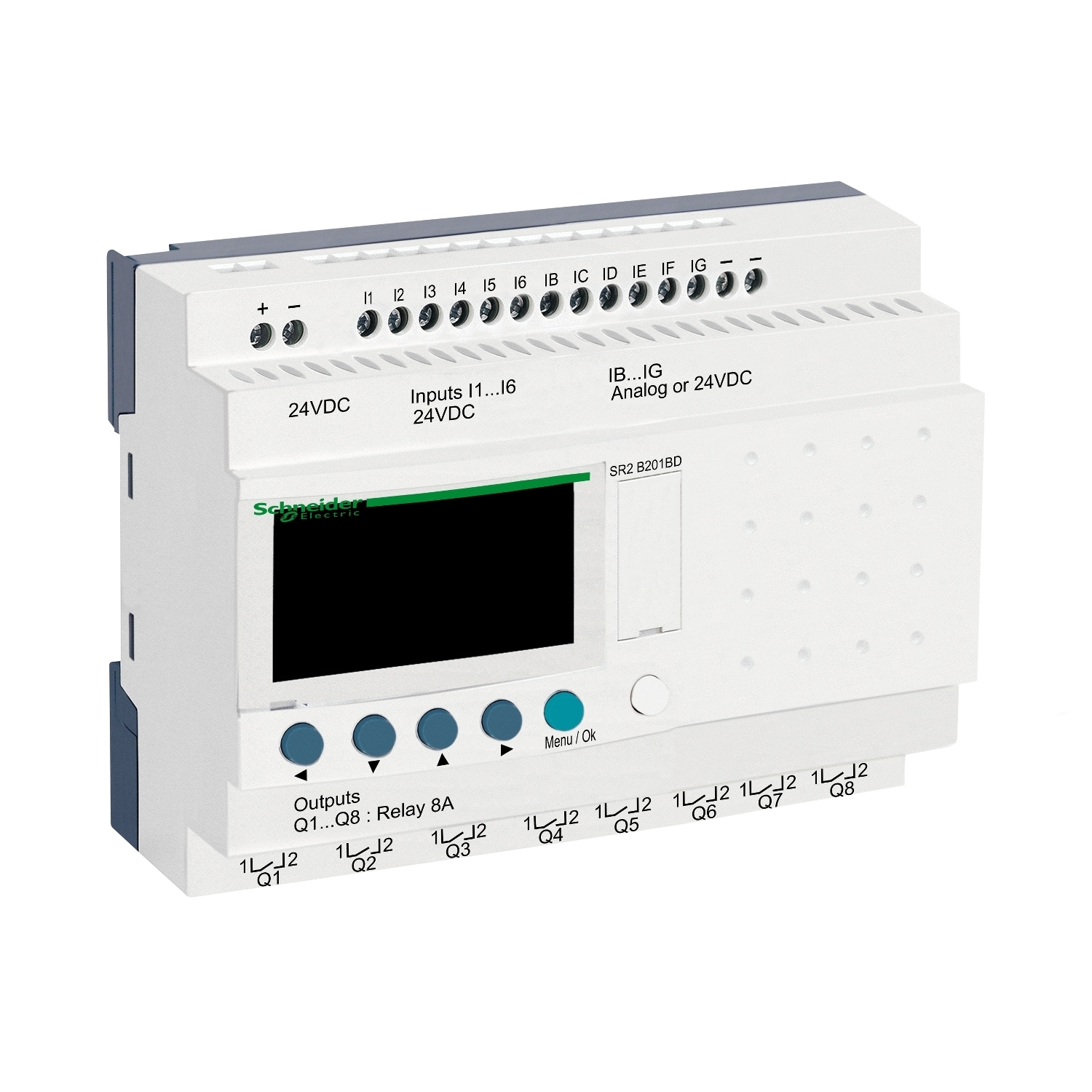 SR2B201BD Compact Smart Relay with Local Display, 24 V DC Supply, 6 Inputs, 8 Outputs, Resistive Input