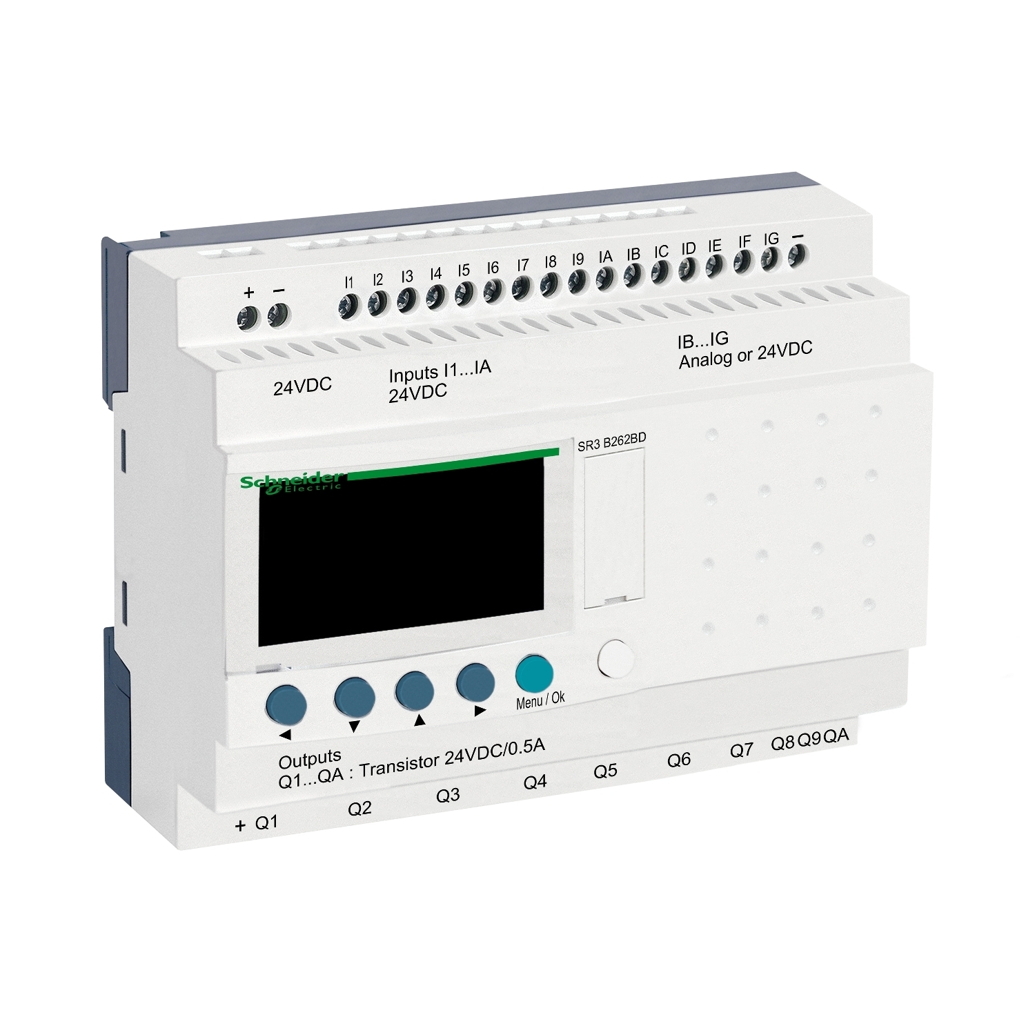 SR3B262BD Zelio Modular Logic 2 Smart Relay With Display and Integrated Clock, 24 V DC Supply, 16 Inputs, 10 Outputs, Analog/Resistive Input, Transistor Output