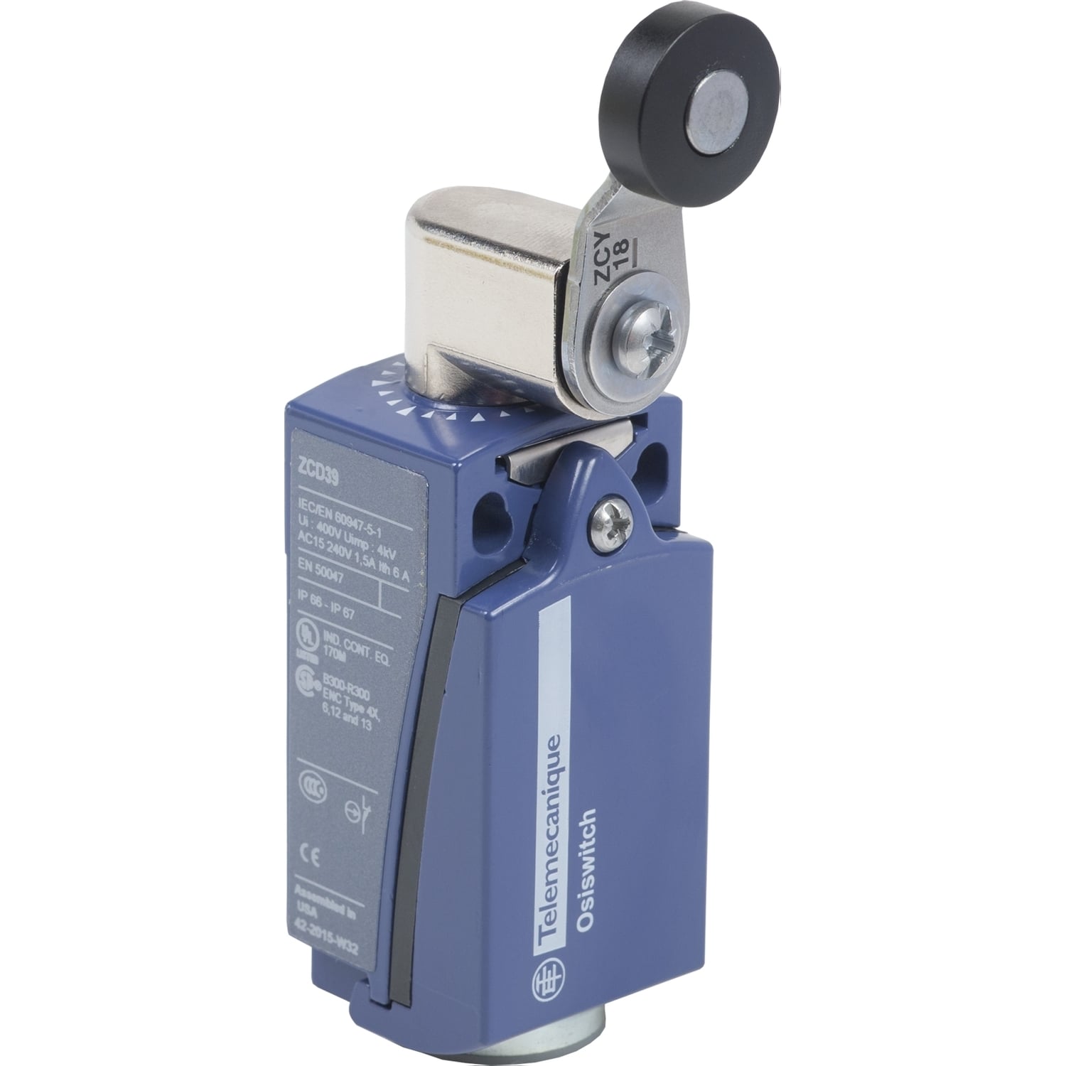 XCKD2118N12 OsiSense XC Compact Fixed Modular Standard Limit Switch, 240 V AC/250 V DC, 10 A, Spring Return Roller Lever Actuator, 1NO-1NC Contact, 2 Poles