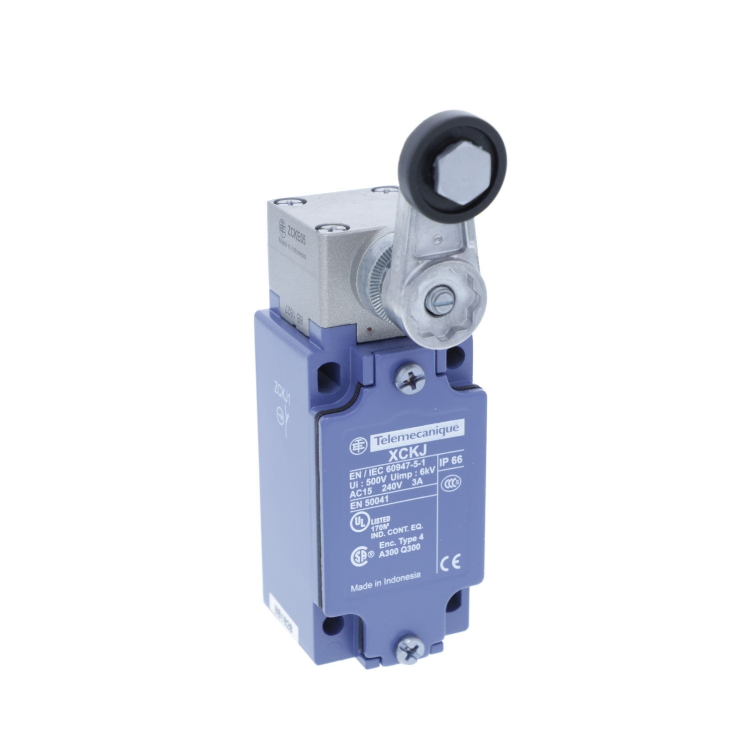 XCKJ10511 OsiSense XC Fixed Standard Rotary Actuated Limit Switch, 240 V AC/250 V DC, 10 A, Spring Return Roller Lever Arm Actuator, 1NO-1NC Contact, 2 Poles