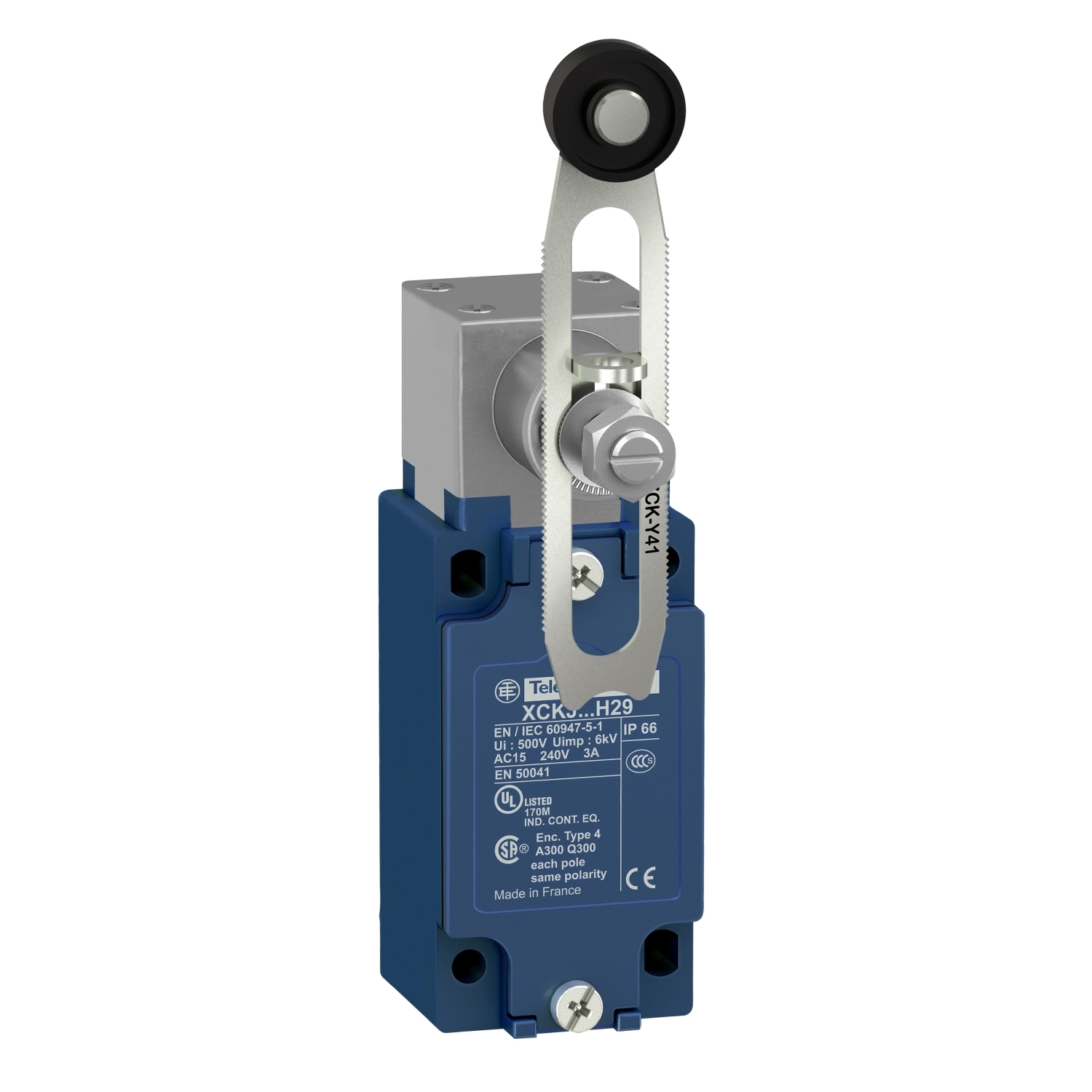 XCKJ10541 OsiSense Fixed Standard Format Limit Switch, 240 V AC/250 V DC, 10 A, Variable Length Lever Arm Actuator, 1NO-1NC Contact, 2 Poles