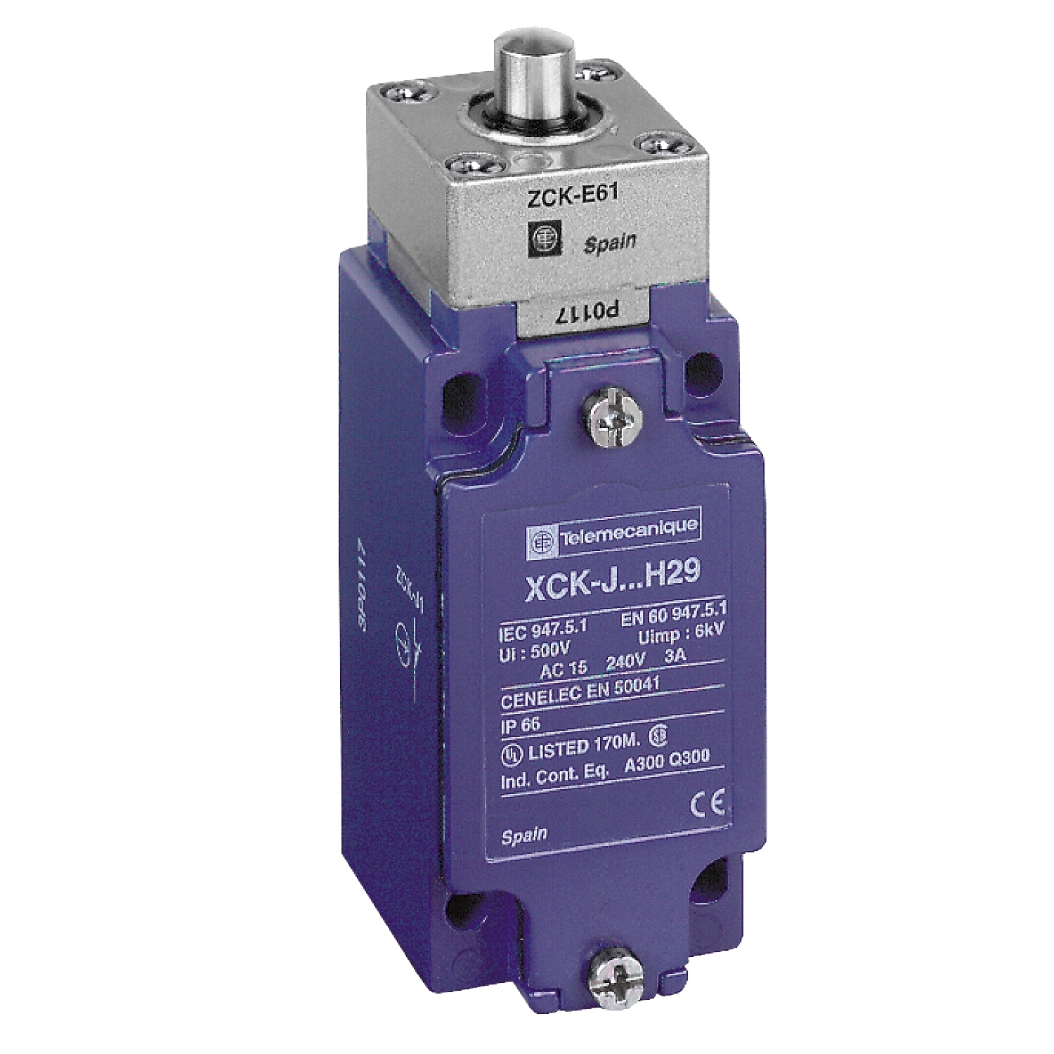 XCKJ161 OsiSense XC Fixed Heavy Duty Standard Format Plunger Actuated Limit Switch, 240 V AC/250 V DC, 10 A, Spring Return Plunger Actuator, 1NO-1NC Contact, 2 Poles