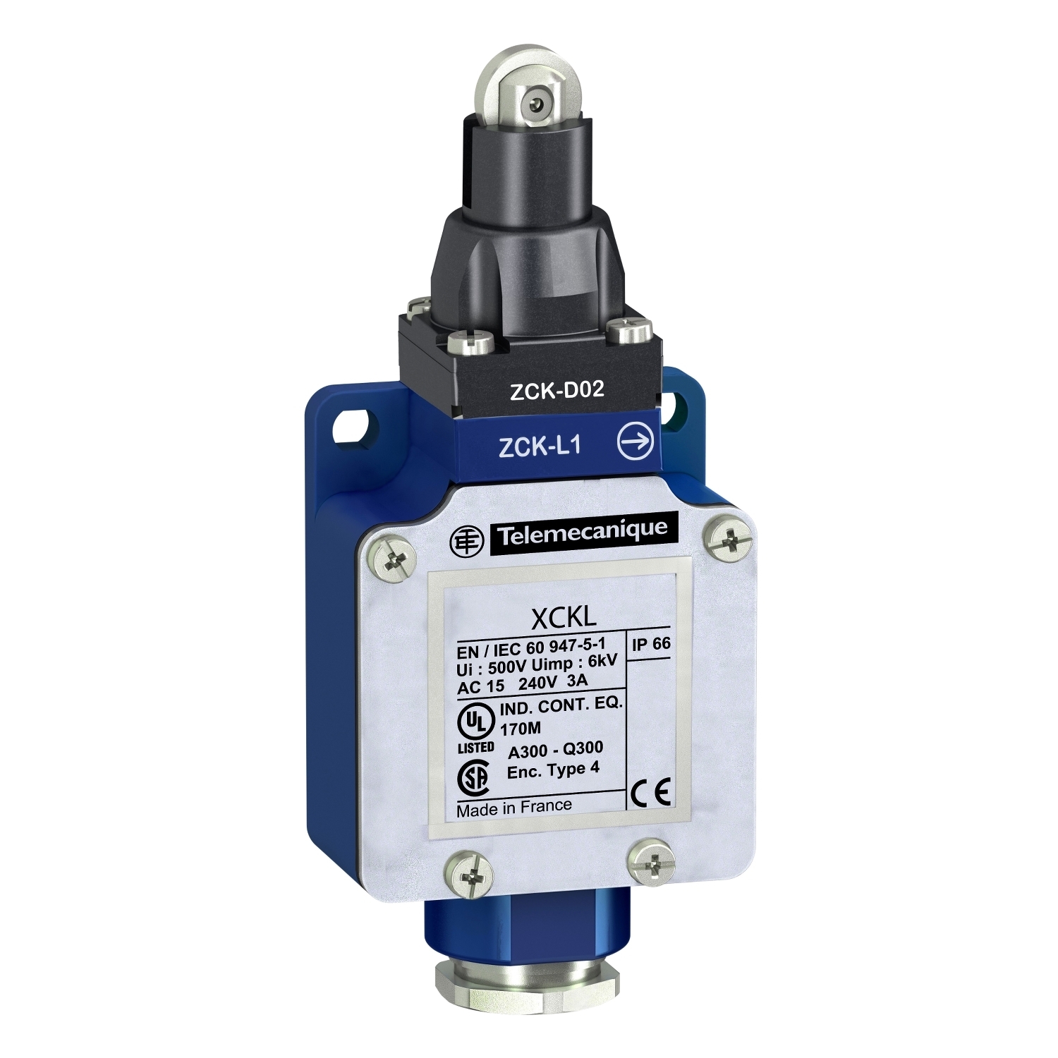 XCKL102H7 OsiSense Compact Fixed Medium Duty Standard Format Limit Switch, 240 V AC/250 V DC, 10 A, Roller Plunger Spring Return Actuator, 1NO-1NC Contact, 2 Poles