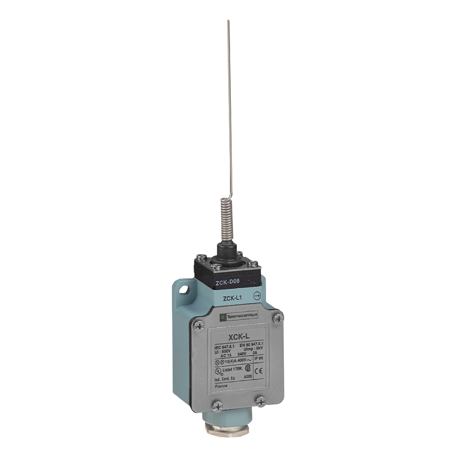XCKL106 OsiSense Compact Fixed Medium Duty Standard Format Limit Switch, 240 V AC/250 V DC, 10 A, Cat Whisker Actuator, 1NO-1NC Contact, 2 Poles