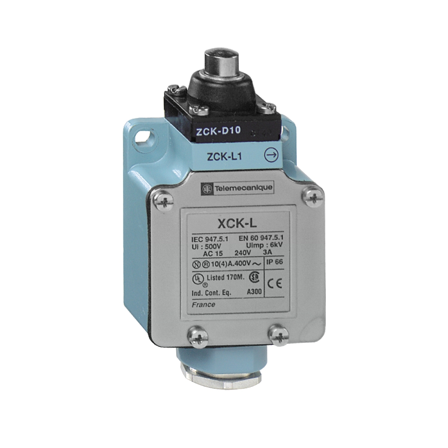 XCKL110H7 OsiSense XC Standard Linear Plunger Actuated Limit Switch, 240 VAC, 250 VDC, 10 A, Spring Return Plunger Actuator, 1NO-1NC Contact, 2 Poles