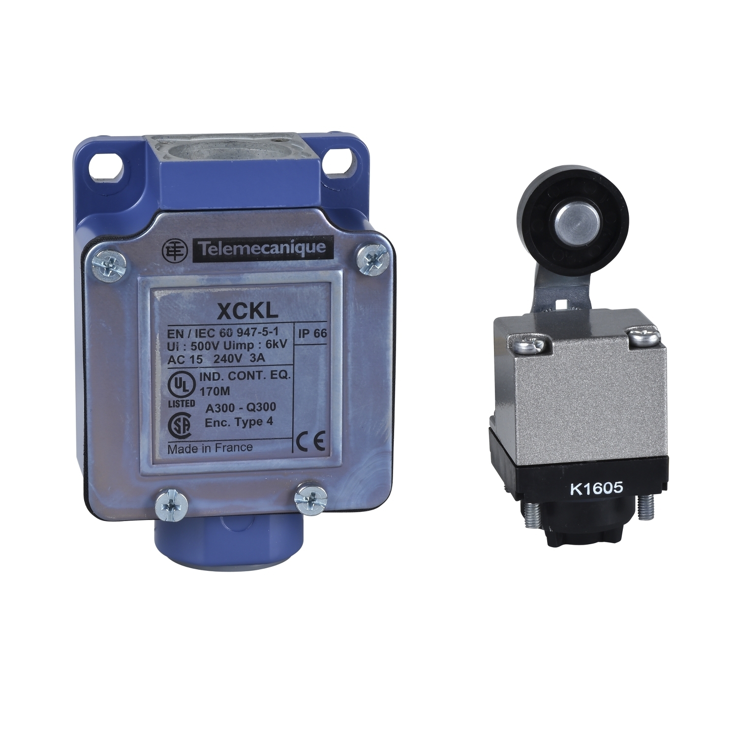 XCKL115H7 OsiSense Fixed Standard Format Limit Switch, 240 V AC/250 V DC, 10 A, Spring Return Roller Lever Arm Actuator, 1NO-1NC Contact, 2 Poles