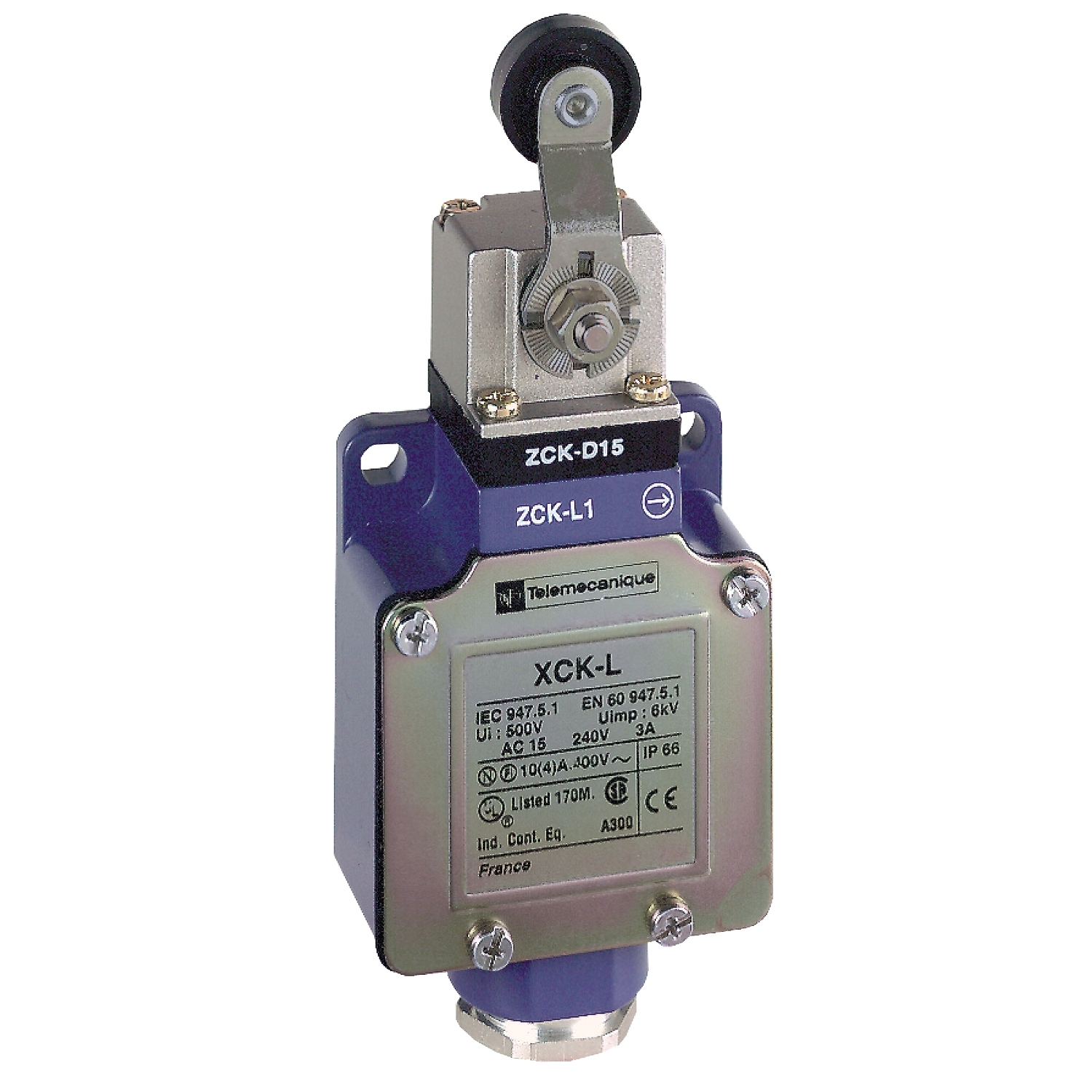 XCKL115X1 OsiSense XC Standard Format Fixed Limit Switch, 240 V AC, 10 A, Spring Return Roller Lever Actuator, 1NO-1NC Contact, 2 Poles