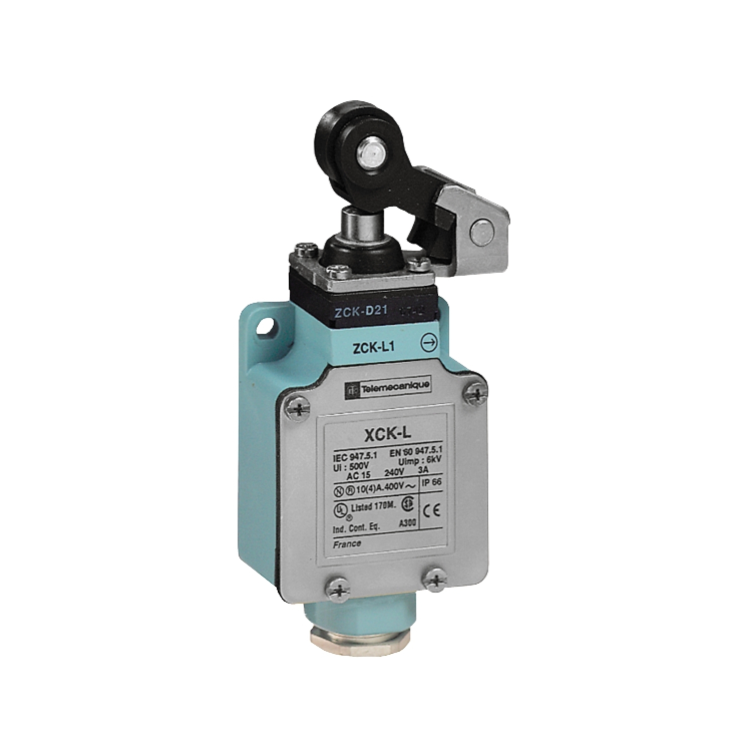 XCKL121 OsiSense Compact Fixed Medium Duty Standard Format Limit Switch, 240 V AC/250 V DC, 10 A, Spring Return/Roller Lever Plunger Actuator, 1NO-1NC Contact, 2 Poles
