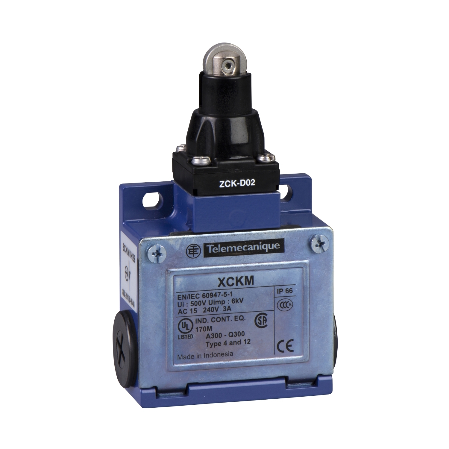 XCKM102H29 OsiSense Compact Fixed Medium Duty Standard Format Limit Switch, 240 V AC, 10 A, Spring Return Roller Plunger Actuator, 1NO-1NC Contact, 2 Poles