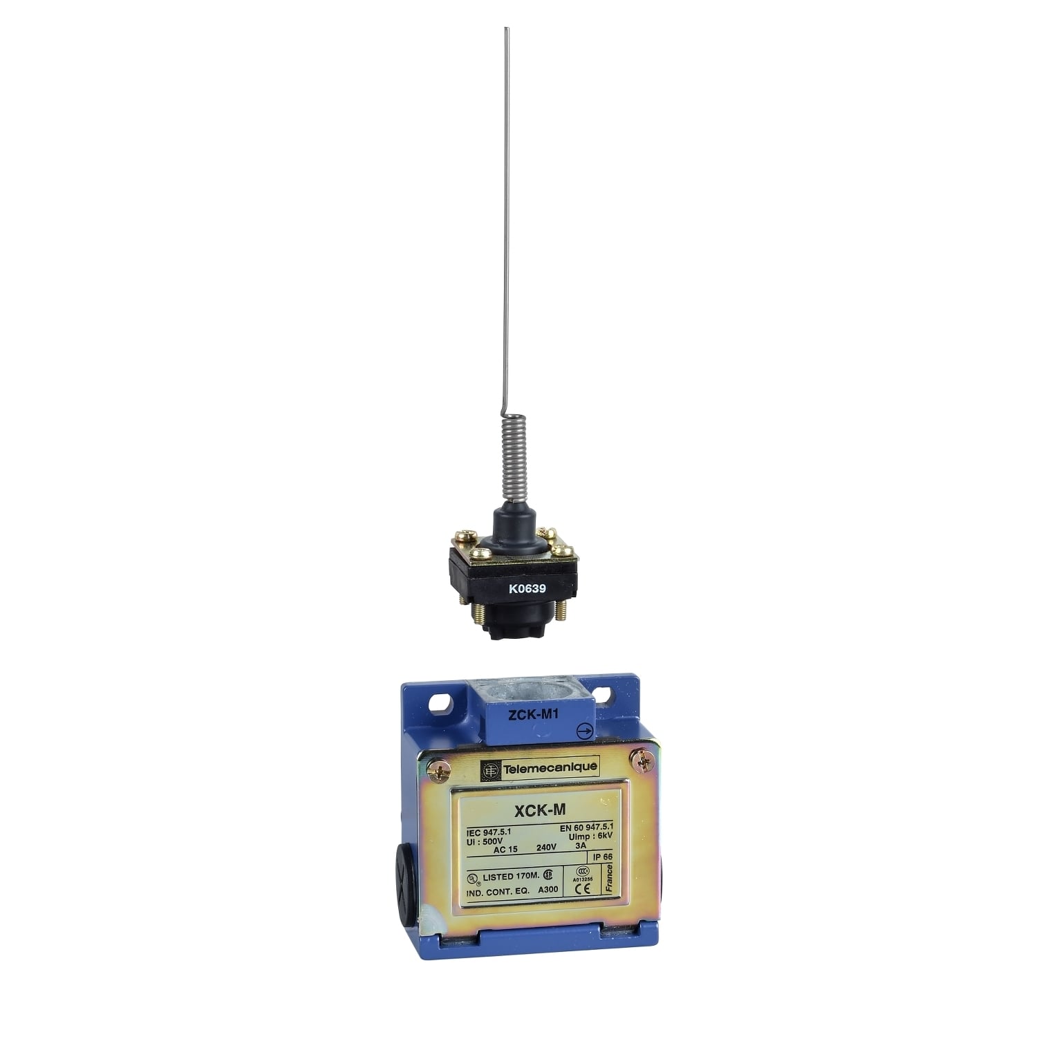 XCKM106 OsiSense Fixed Multi-Directional Head Standard Format Limit Switch, 240 V AC/250 V DC, 10 A, Cat Whisker Spring Return Actuator, 1NO-1NC Contact, 2 Poles