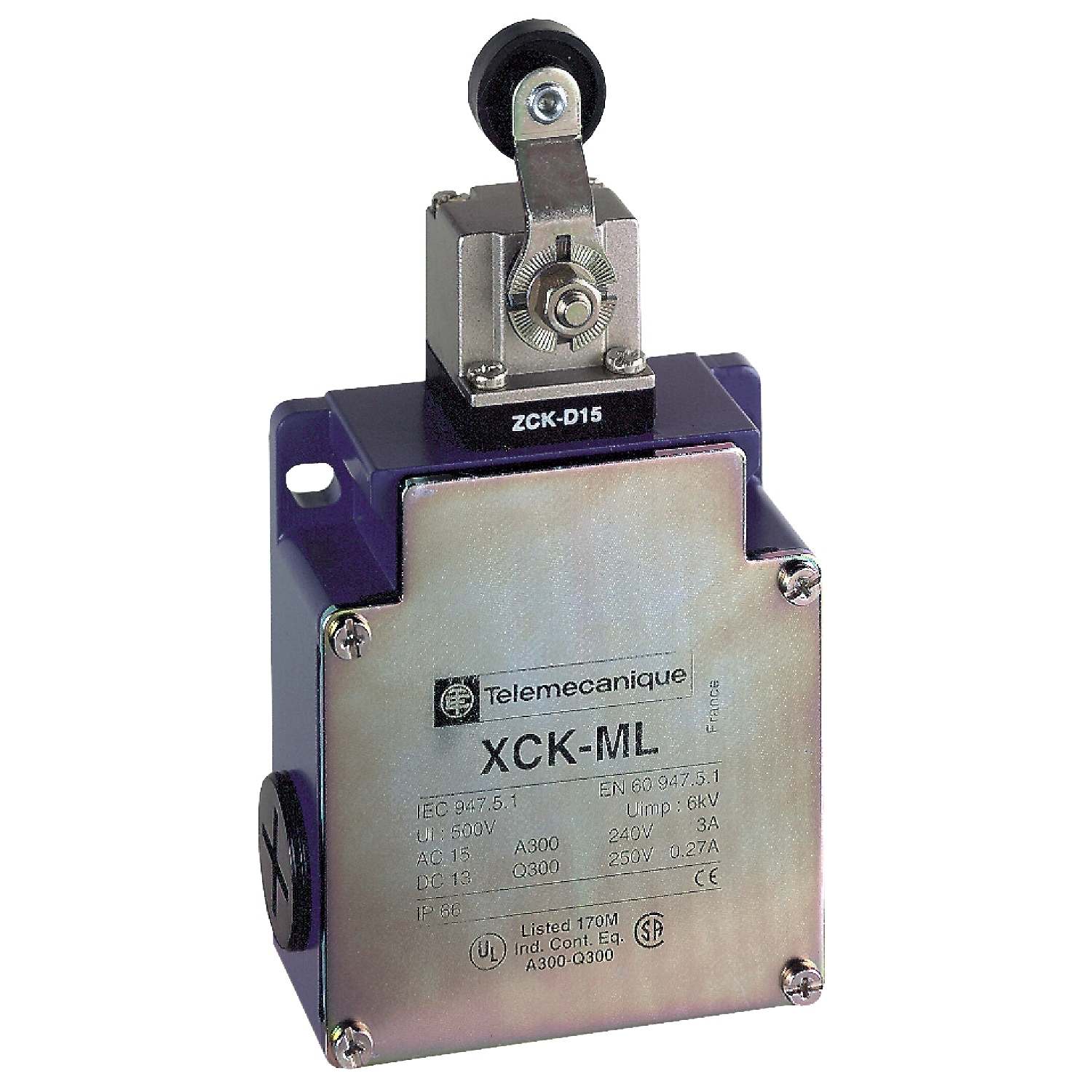 XCKML115 OsiSense Compact Fixed General Duty Limit Switch, 240 V AC, 10 A, Spring Return Roller Lever Actuator, 2NO-2NC Contact, 4 Poles
