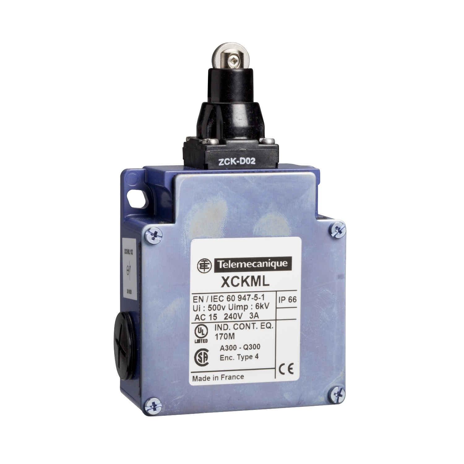 XCKML502 OsiSense XC Standard Format Fixed XC Limit Switch, 240 V AC, 10 A, Roller Plunger Spring Return Actuator, 2NO-2NC Contact, 4 Poles