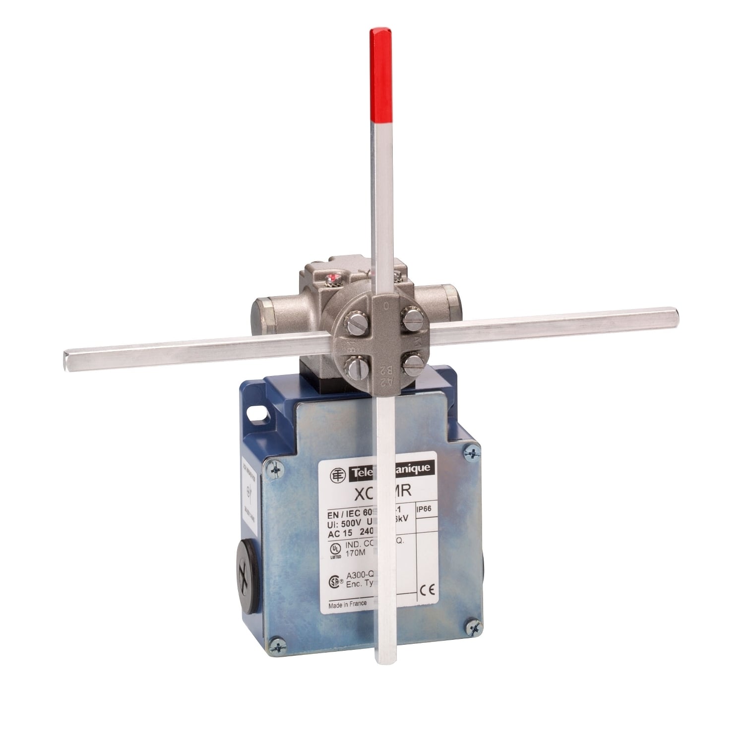 XCKMR54D1 OsiSense Fixed Rotary Head Slow-Break Limit Switch, 240/300/500 V AC, 10 A, Crossed Rod Lever/Metal Stay Put/Rotary Head Actuator, 4NC Contact, 4 Poles