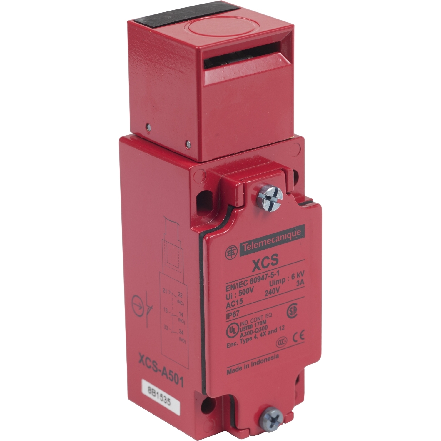 XCSA501 Preventa Corrosion-Resistant Dusttight/Watertight Turret Head Safety Interlock Switch, 300 V AC, 10 A, 3 Poles