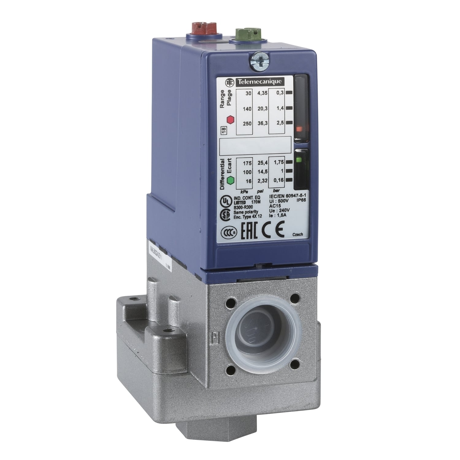 XMLB004A2S13 OsiSense XMLB 1-Pole Adjustable Differential Electromechanical Pressure Sensor Pressure Switch With Local Display, 0 to 58 psi Pressure, 34.81 psi Differential, 1CO Contact, 1/4-18 FNPT/Screw Clamp Connection