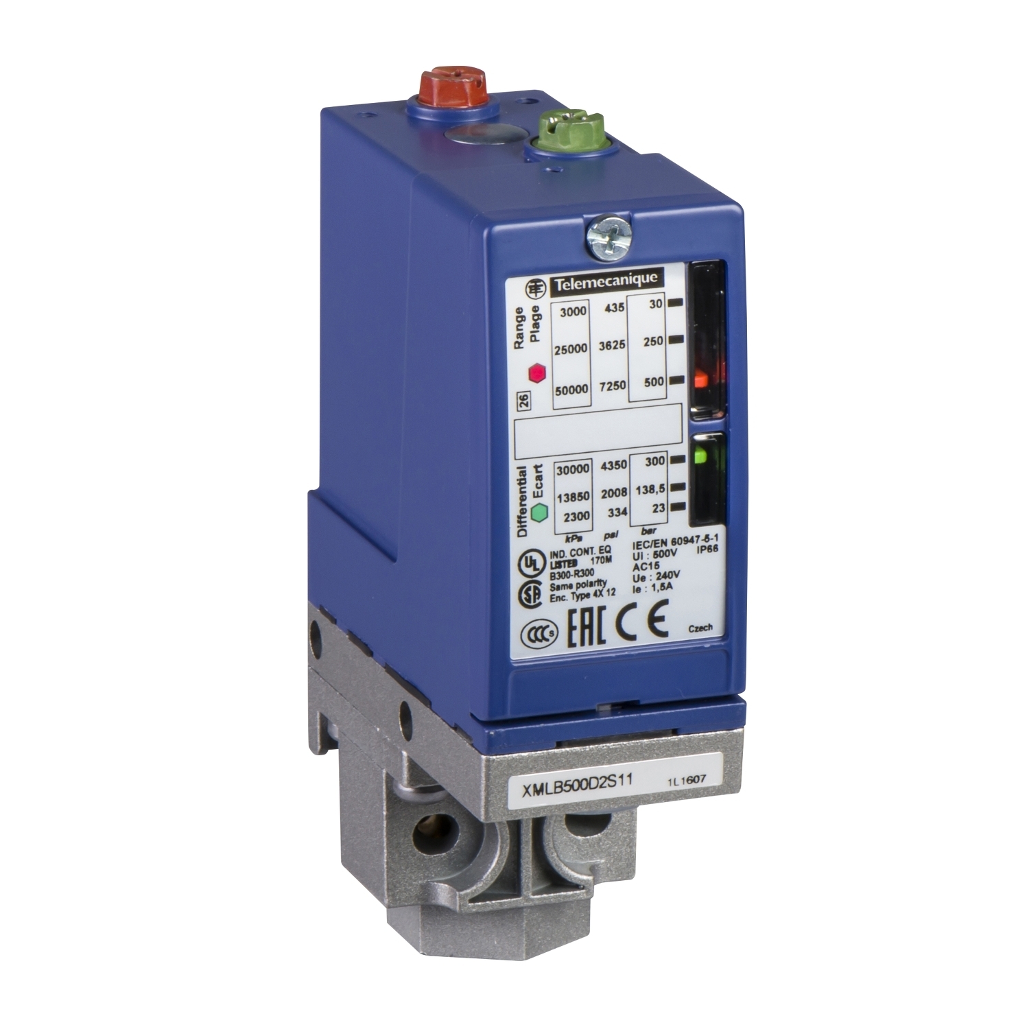 XMLB160D2S11 OsiSense XMLB 1-Pole Adjustable Differential Electromechanical Pressure Sensor Pressure Switch With Local Display, 0 to 2320 psi Pressure, 1450.38 psi Differential, 1CO Contact