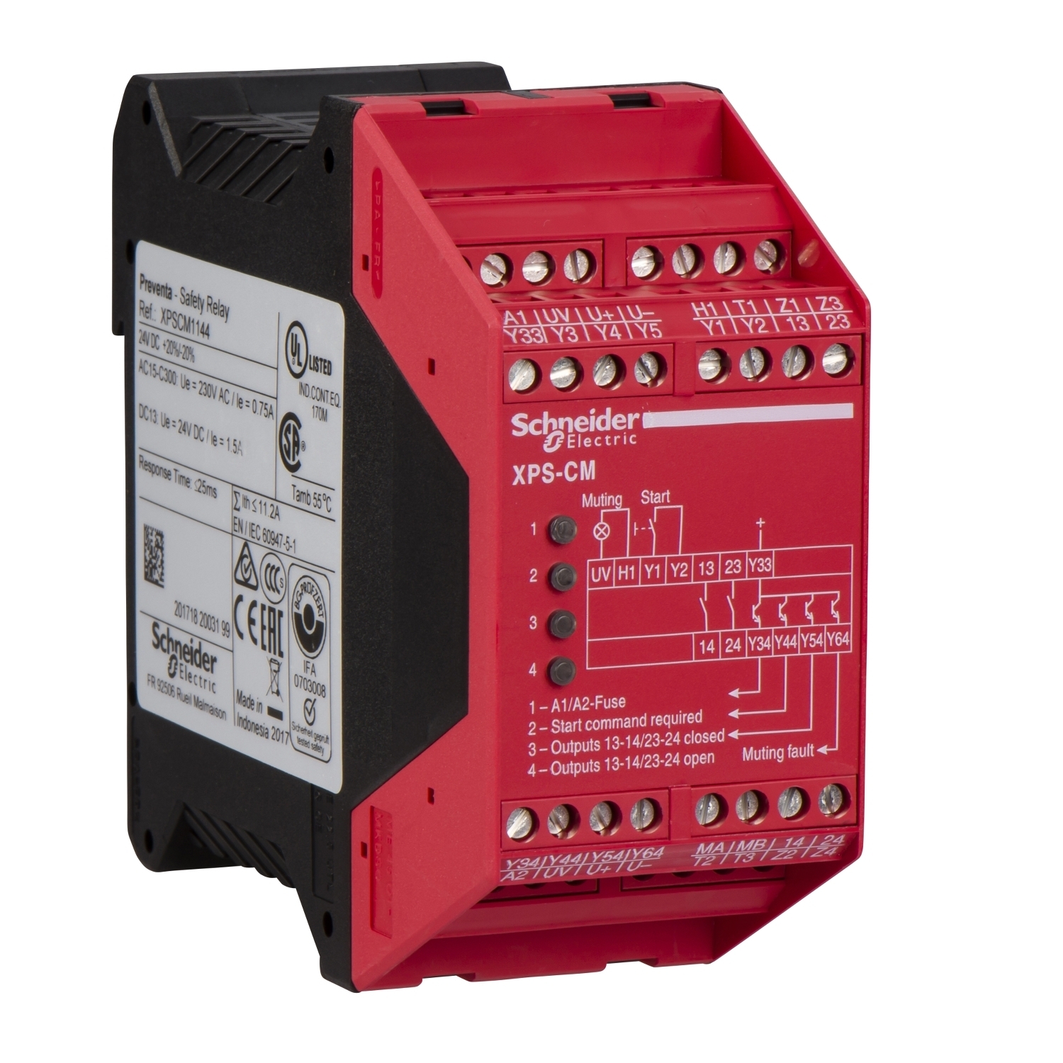 XPSCM1144P Preventa Safety Relay With Built-In Muting Function and (15) LEDs, 2.5 A, 2NO 2 Form A Contact, 24 V DC V Coil
