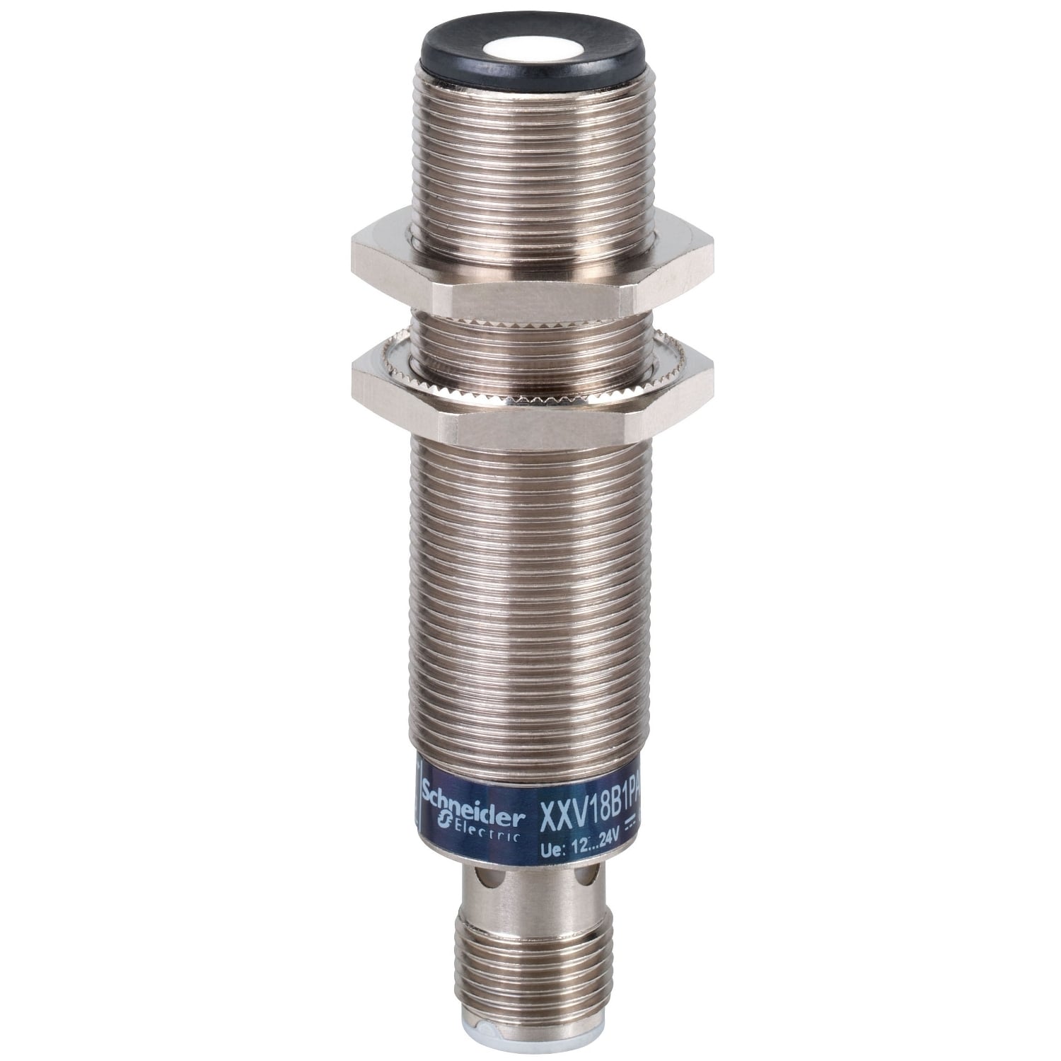 XXV18B1PAM12 OsiSense XX Cylindrical Ultrasonic Proximity Sensor With Reverse Polarity Protection, Ultrasonic/Diffuse, PNP Output, 1NO Contact, 10 to 36/12 to 24 V DC