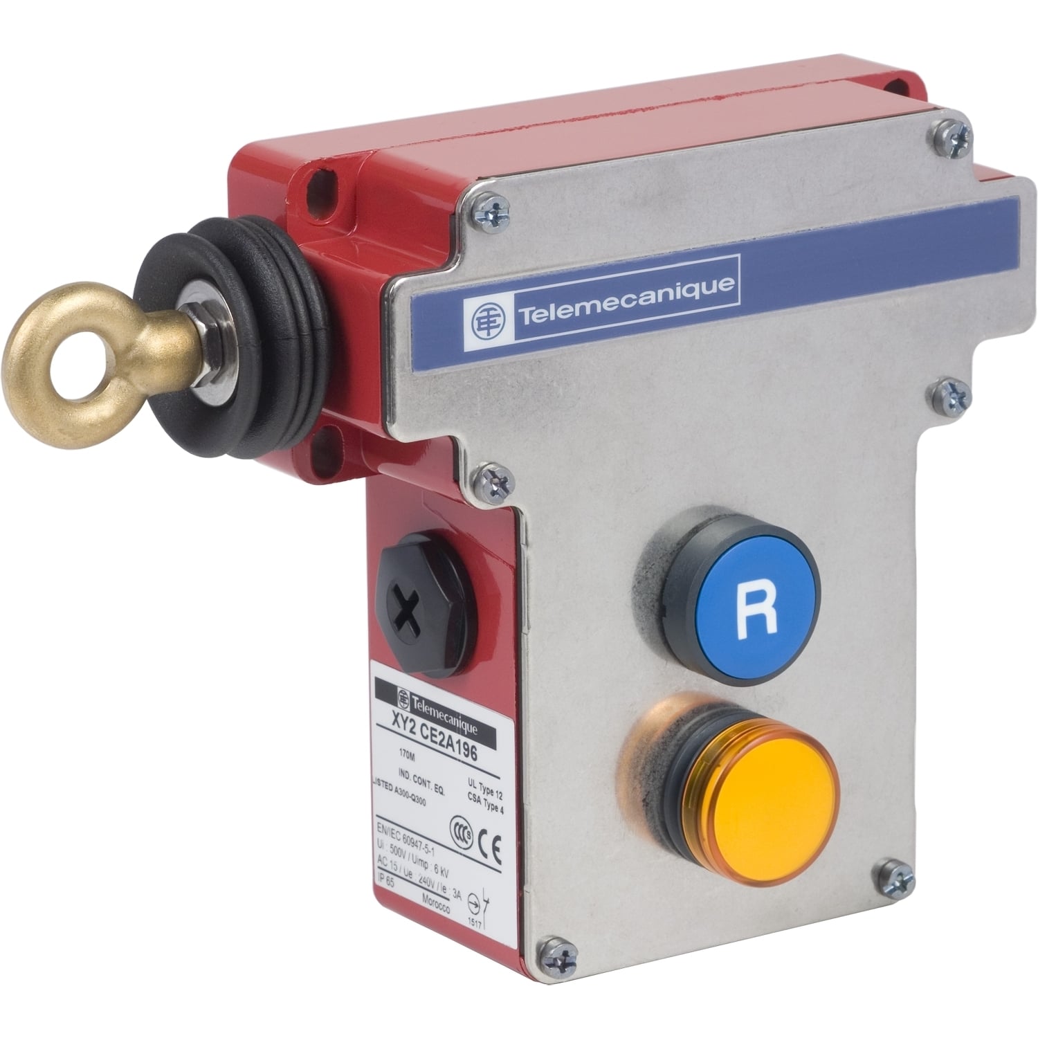 XY2CE2A196 Preventa XY2-CE Dusttight/Watertight Emergency Stop Latching Rope Trip Wire Cable Pull Switch, 240 V AC, 3/10 A, 1NO-1NC Contact