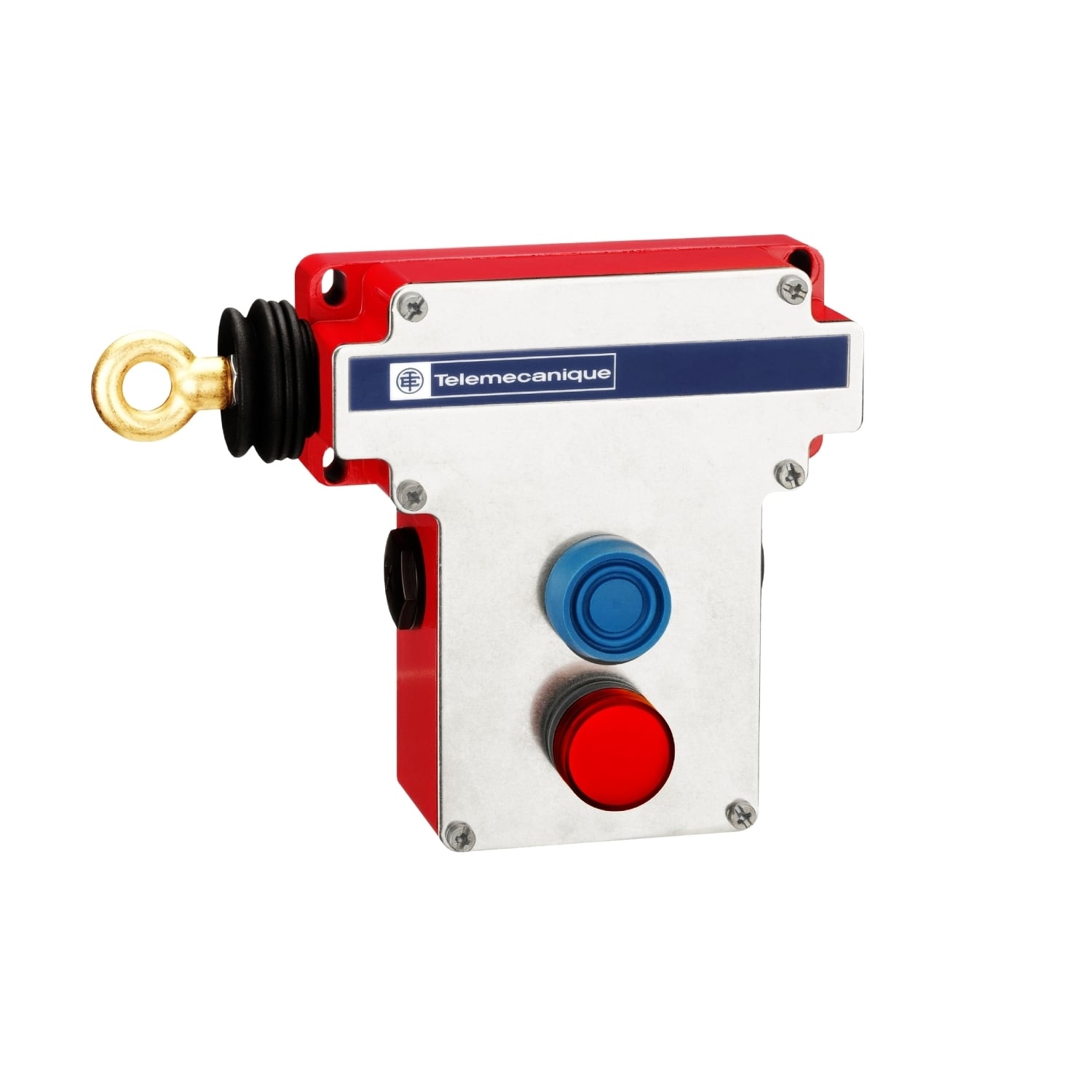 XY2CE2A296H7 Preventa XY2-CE Dusttight/Watertight Emergency Stop Latching Rope Cable Pull Switch With 24 to 130 V Red Pilot Light, 300 V AC, 10 A, 2NO-2NC Contact