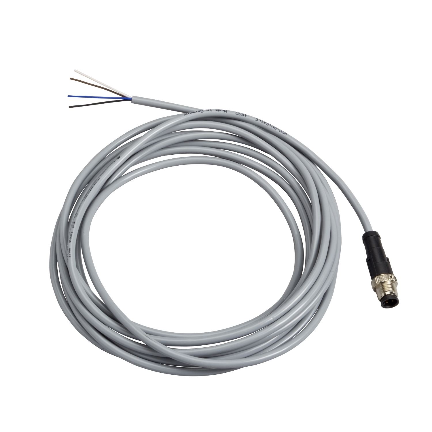 XZCPV1541L5 OsiSense XZ Screw-On Pre-Wired Cordset, 250 V AC/300 V DC, 4-Pin M12 Plug End Connection, 5 m L, 0.34 sq-mm Conductor, PVC