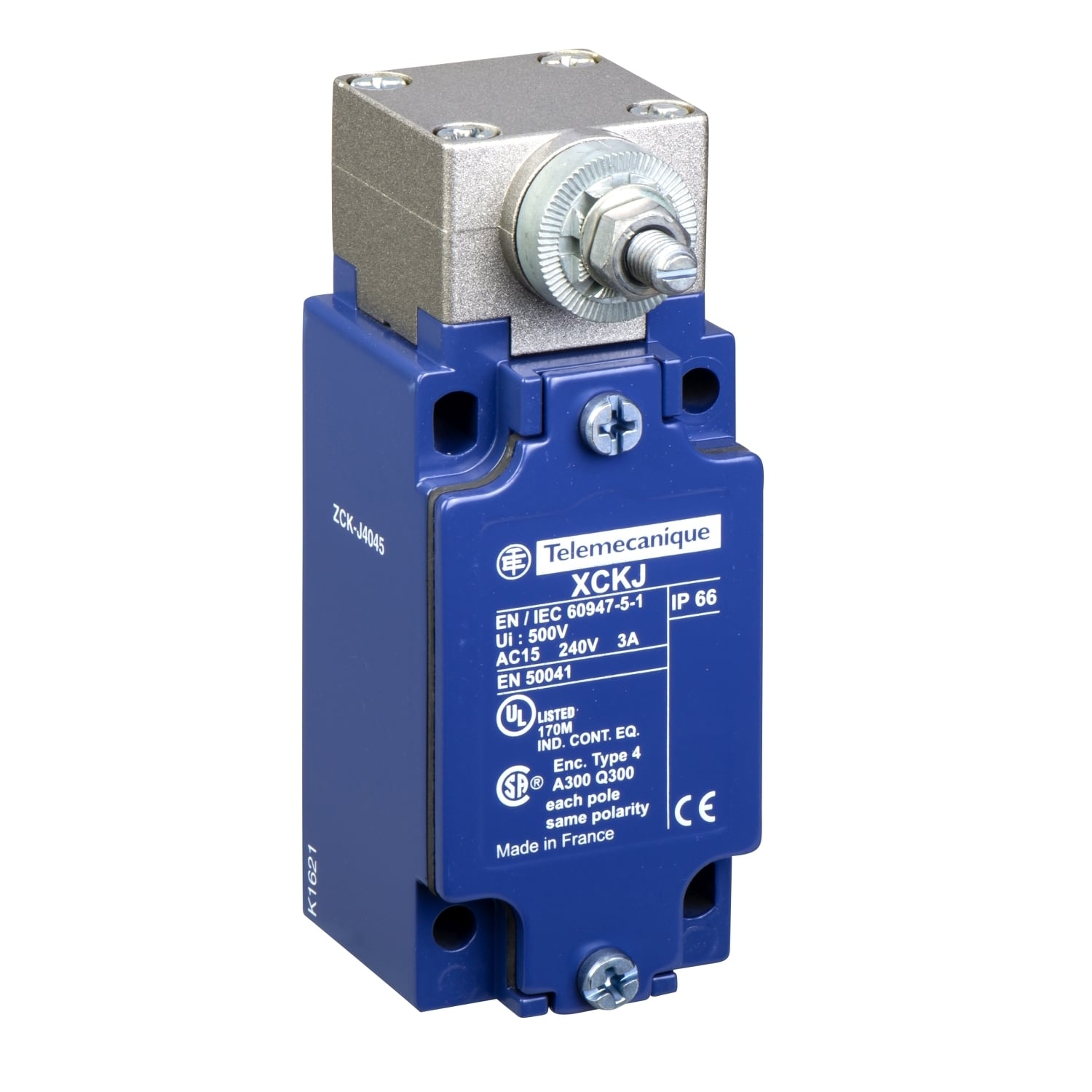 ZCKJ404 OsiSense 2-Pole Fixed Limit Switch Body With Spring Return Rotary Head, 2CO Contact, For Use With XCKJ Standard Format Limit Switch, 3 A at 240 V AC, 0.27 A at 250 V DC Contact, IP66/IK07 Enclosure