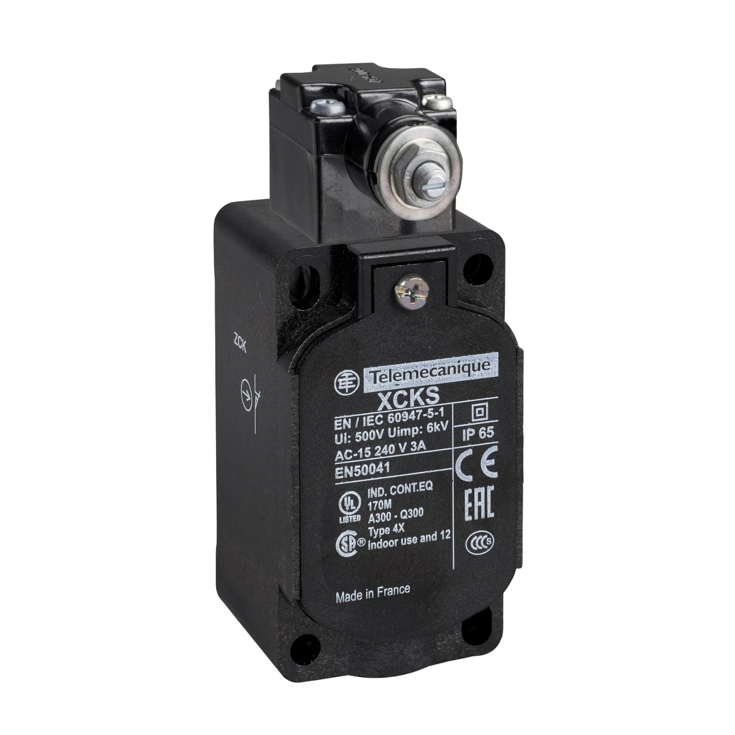 ZCKS404 OsiSense XC Fixed Limit Switch Body With Spring Return Rotary Head, 2CO Contact, For Use With XCKS, ZCKS and ZCKS Series Standard Format Compact Limit Switch, 3 A at 240 V AC Contact, IP65 Enclosure
