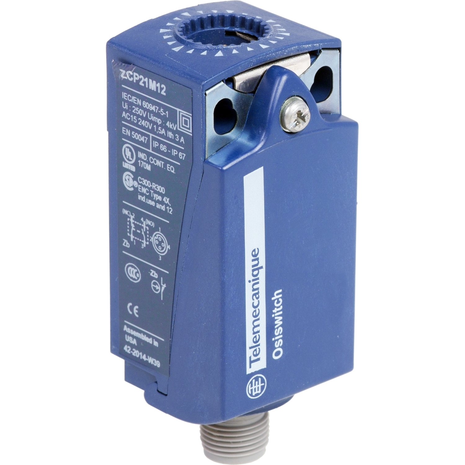 ZCP21M12 OsiSense 2-Pole Fixed Limit Switch Body With Positive Opening, 1NO-1NC Contact, For Use With XCKP Standard Compact Limit Switch, 1.5 A at 240 V AC, 0.1 A at 250 V DC Contact