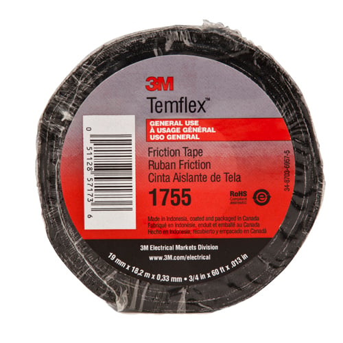 7100009255 Temflex 1755 Friction Tape, 28 yd L 1.5 in W, 13 mil THK, Cotton, Rubber Adhesive, Black
