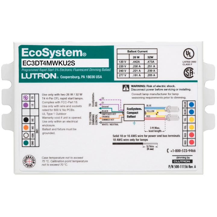 EC3DT418KU1S EcoSystem Type K Digital Dimming Ballast, T4 Lamp, 18 W Lamp, 120/220/240/277 VAC, Programmed/Rapid, 0.95 Ballast Factor