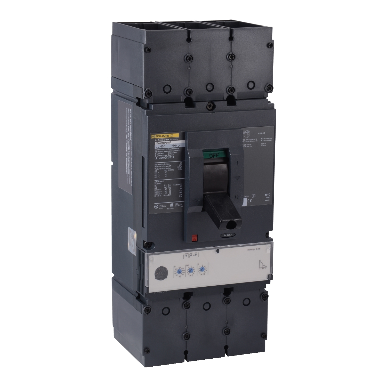 LLL36400U33X PowerPact Standard L Molded Case Circuit Breaker, 600 V AC, 400 A, 125 kA at 240 V AC/100 kA at 480 V AC/50 kA at 600 V AC Interrupt, 3 Poles, Electronic Trip