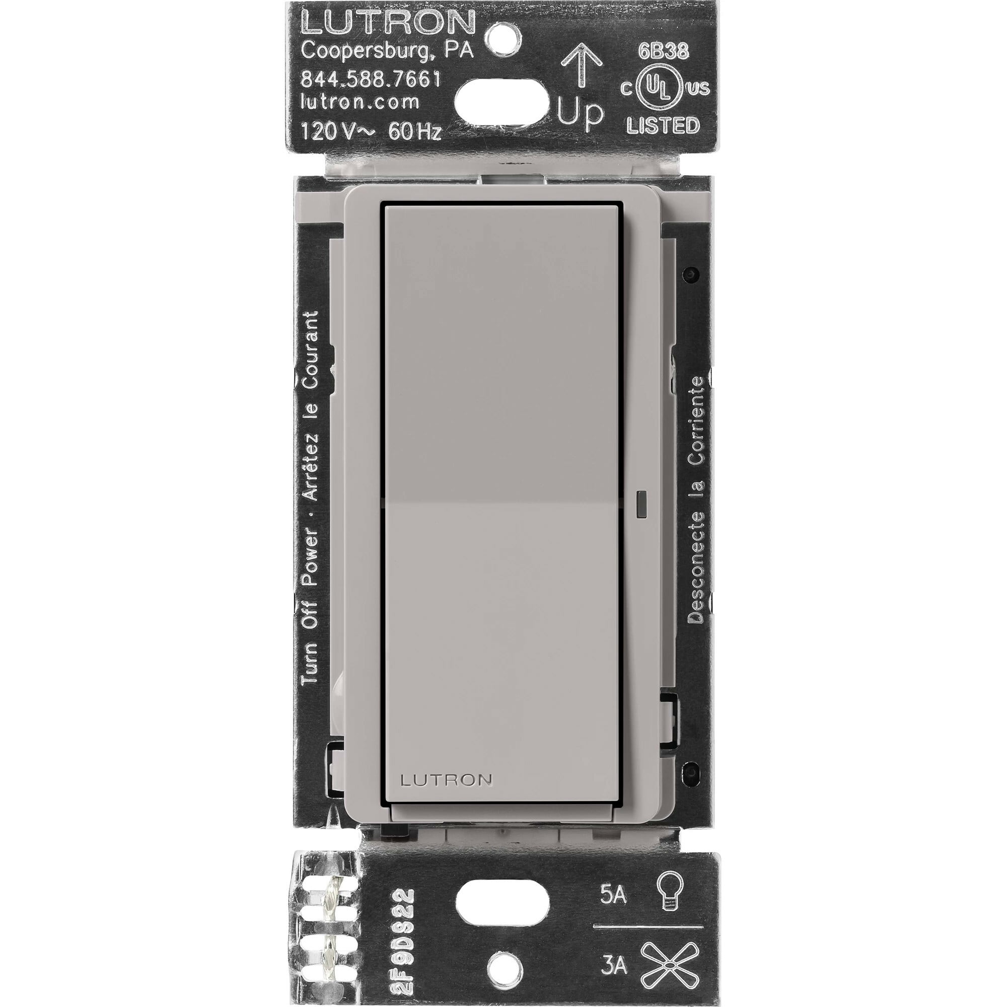 DVRF-5NS-GR Claro Smart Switch for Caseta, 5 Amp LED or 3 Amp Fan, On/Off Paddle Switch, 1 Pole/3-Way, No Neutral Required, 120V, Gray