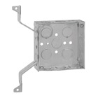 Square Box, 21 Cubic Inches, 4 Inch Square x 1-1/2 Inch Deep, 1/2 Inch and 3/4 Inch Eccentric Knockouts, Galvanized Steel, DPT-DV Bracket, For use with Conduit
