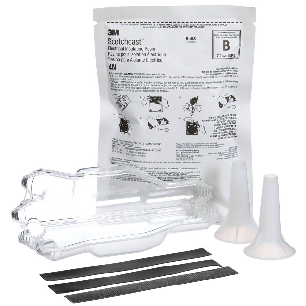7100123111 Scotchcast Inline Resin Y-Branch Cable Splice Kit, 5 kV Single Conductor, 1 kV Multi-Conductors, 1/4 to 5/8 in Dia Cable, 2/0 to 4/0 AWG Conductor, Epoxy