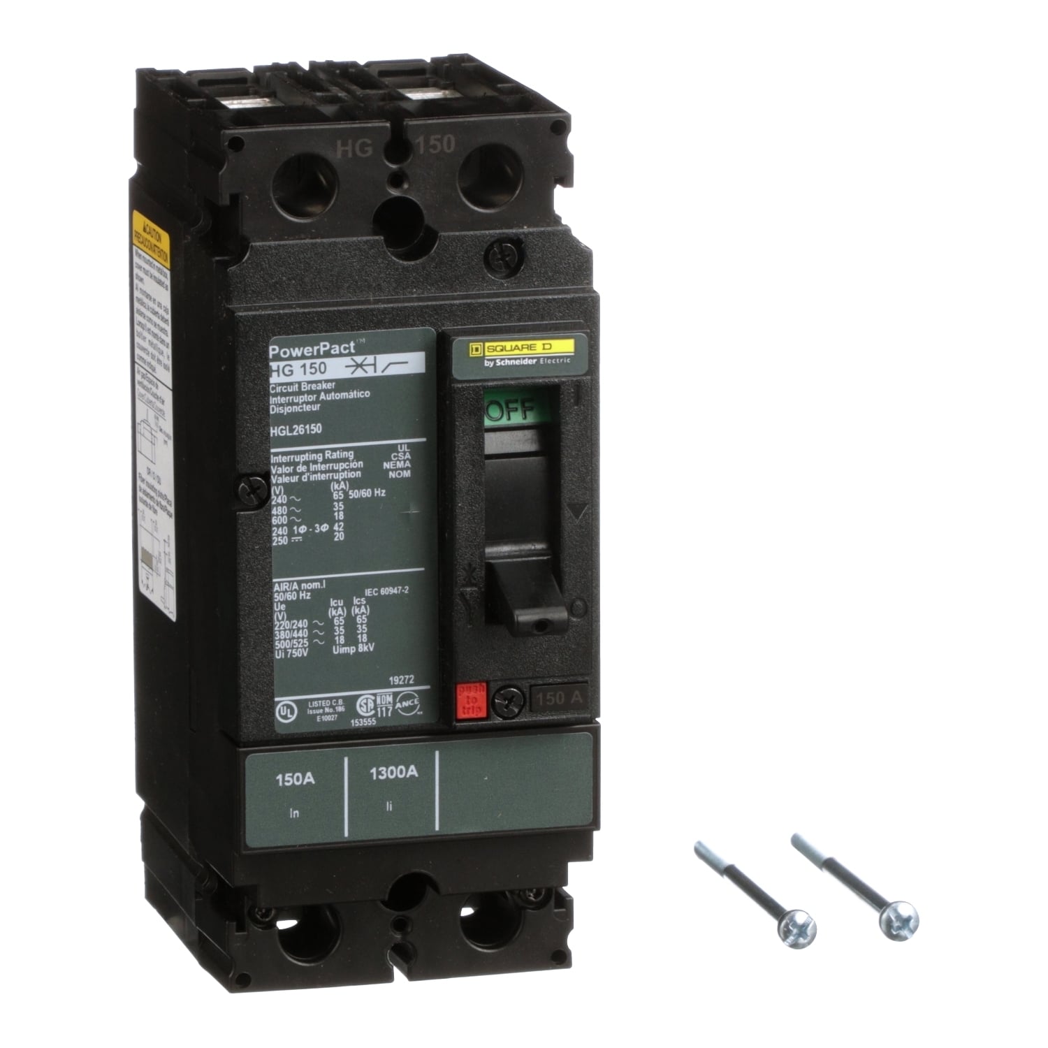 HGL26150 I-Line PowerPact Molded Case Circuit Breaker, 600 V AC, 150 A, 65 kA at 240 V AC/35 kA at 480 V AC/18 kA at 600 V AC/20 kA at 250/500 VDC Interrupt, 2 Poles, Thermal Magnetic Trip