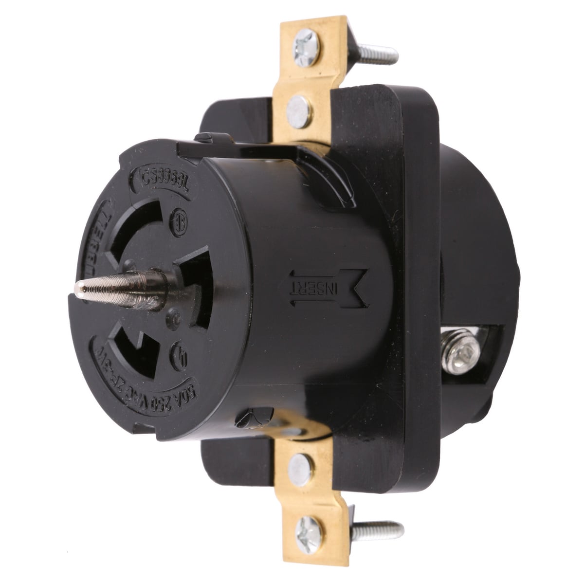 CS8369L Heavy Duty Insulated Standard Single Cord Mount Locking Receptacle, 250 V AC, 50 A, 3 Poles, 4 Wires, Black