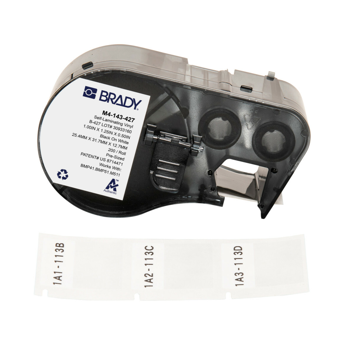 M4-143-427 Self-Laminating Wire and Component Label, 25.4 mm W, Black on White/Clear, B-427 Vinyl