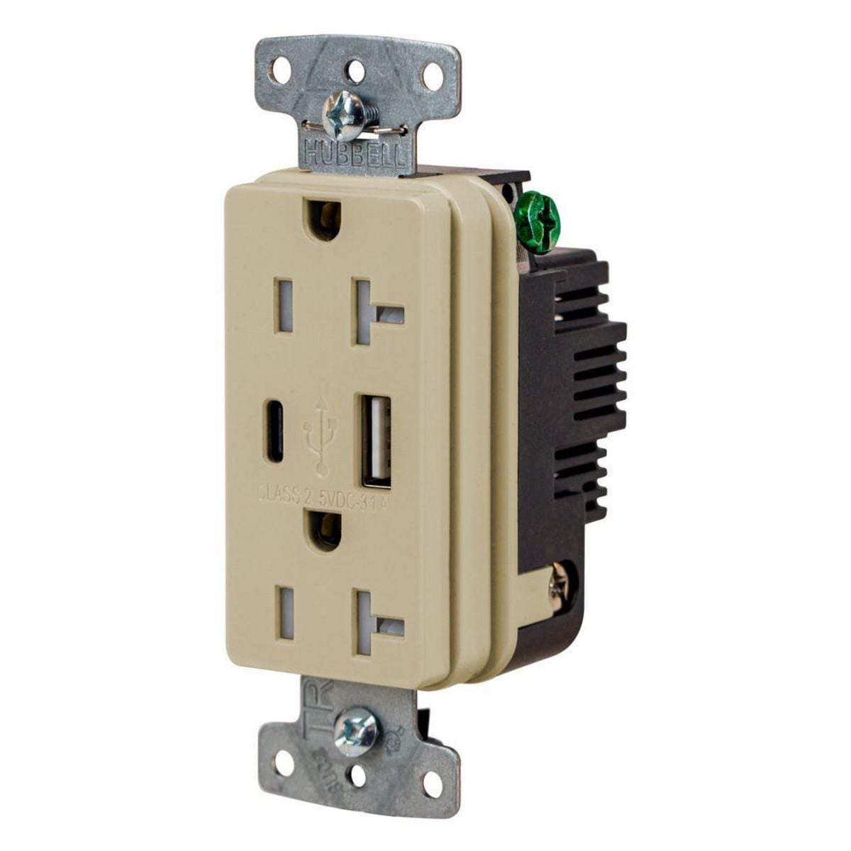 USB20ACI Hubbell-PRO Line Decorator Style USB Charger Duplex Receptacle, 20 A 125 V AC, 1 Phase, 2 Poles, 3 Wires, Ivory