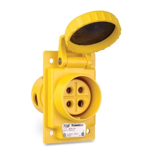 9R34U0W Russellstoll DuraGard Female Watertight Waterproof Pin and Sleeve Receptacle, 600 VAC, 250 VDC, 30 A, 3 Poles, 4 Wires