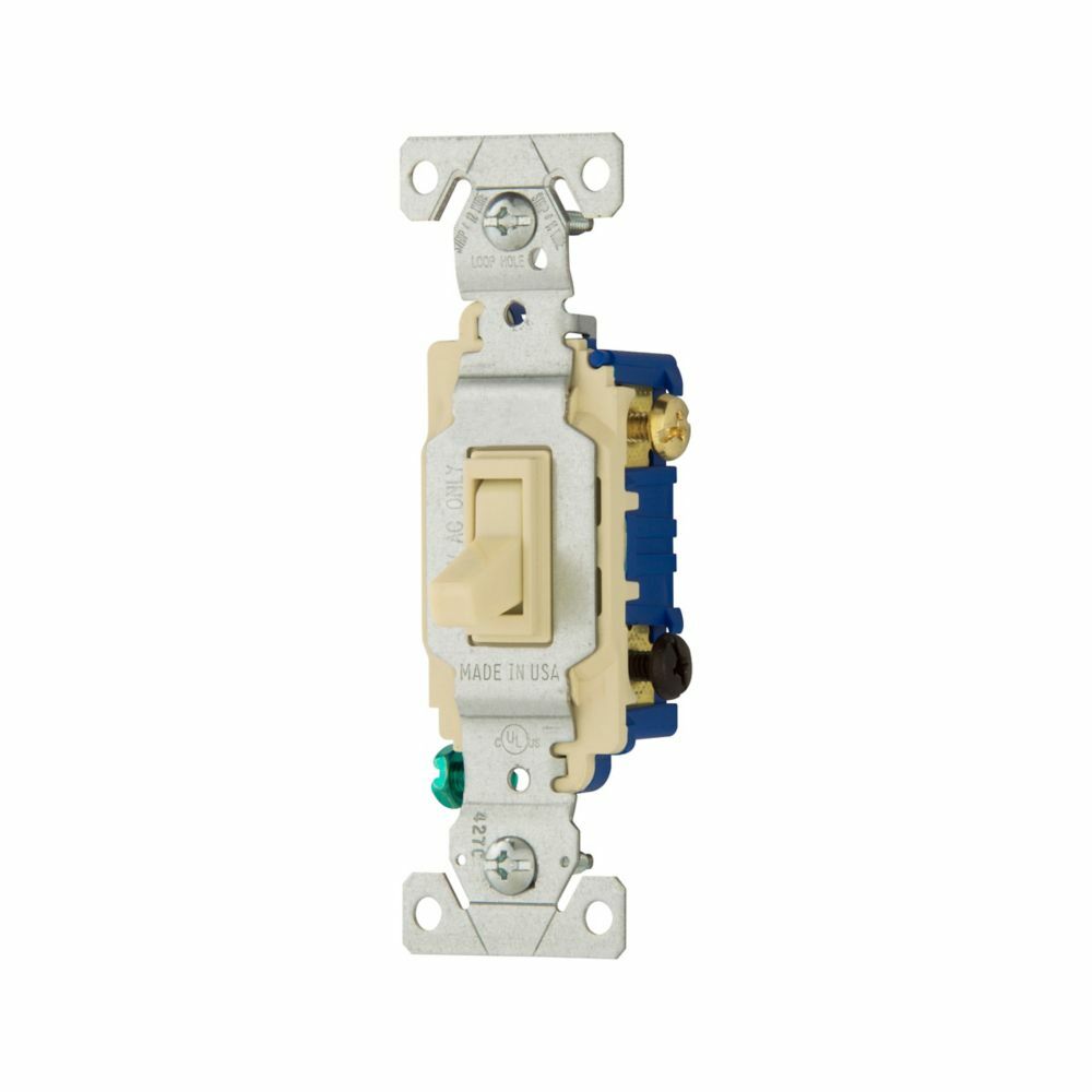Eaton toggle switch, #14-10 AWG, 15A, Flush, 120V, Back and side, push wire, Screw, Ivory, Load type: Motor Control, Fan, LED, Incandescent, ELV, MLV, CFL, Flourescent, Halogen, Single-Pole, Three-Way, Three-Way